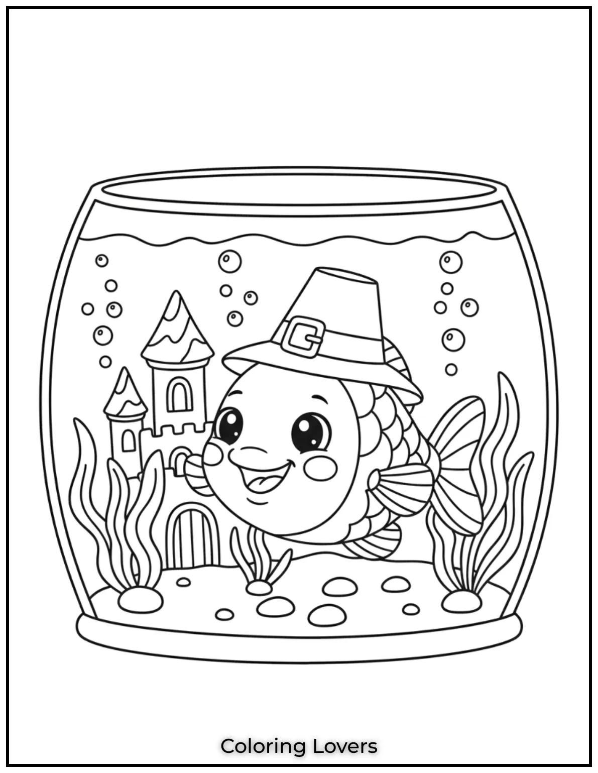 This cheerful fish smiles inside its cozy aquarium. A bubbly castle completes the scene