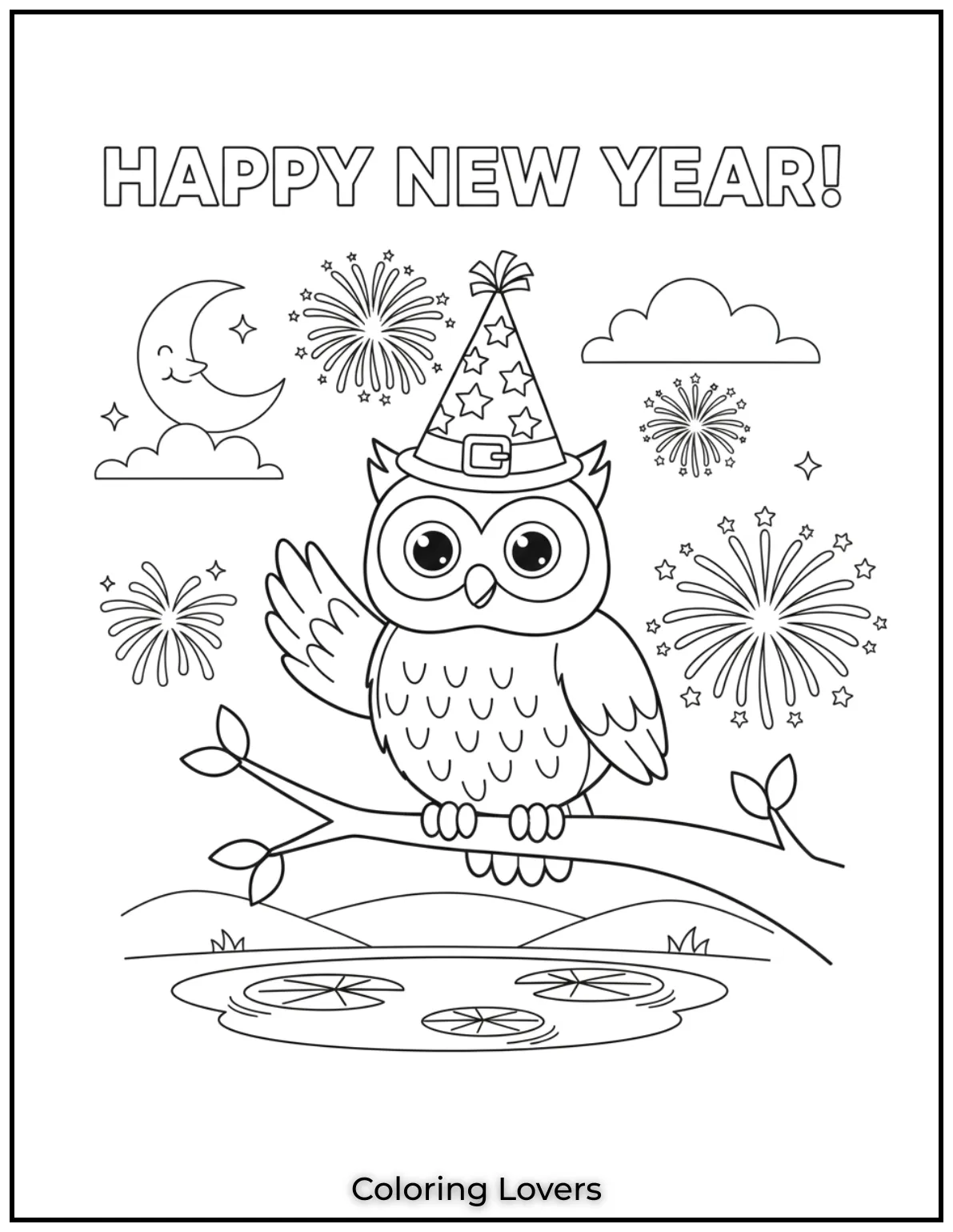 Superior Owl Coloring Pages for Kids who love Coloring! 19 This cheerful owl in a New Years hat surrounded by fireworks is ready to celebrate. Let your imagination shine with festive colors