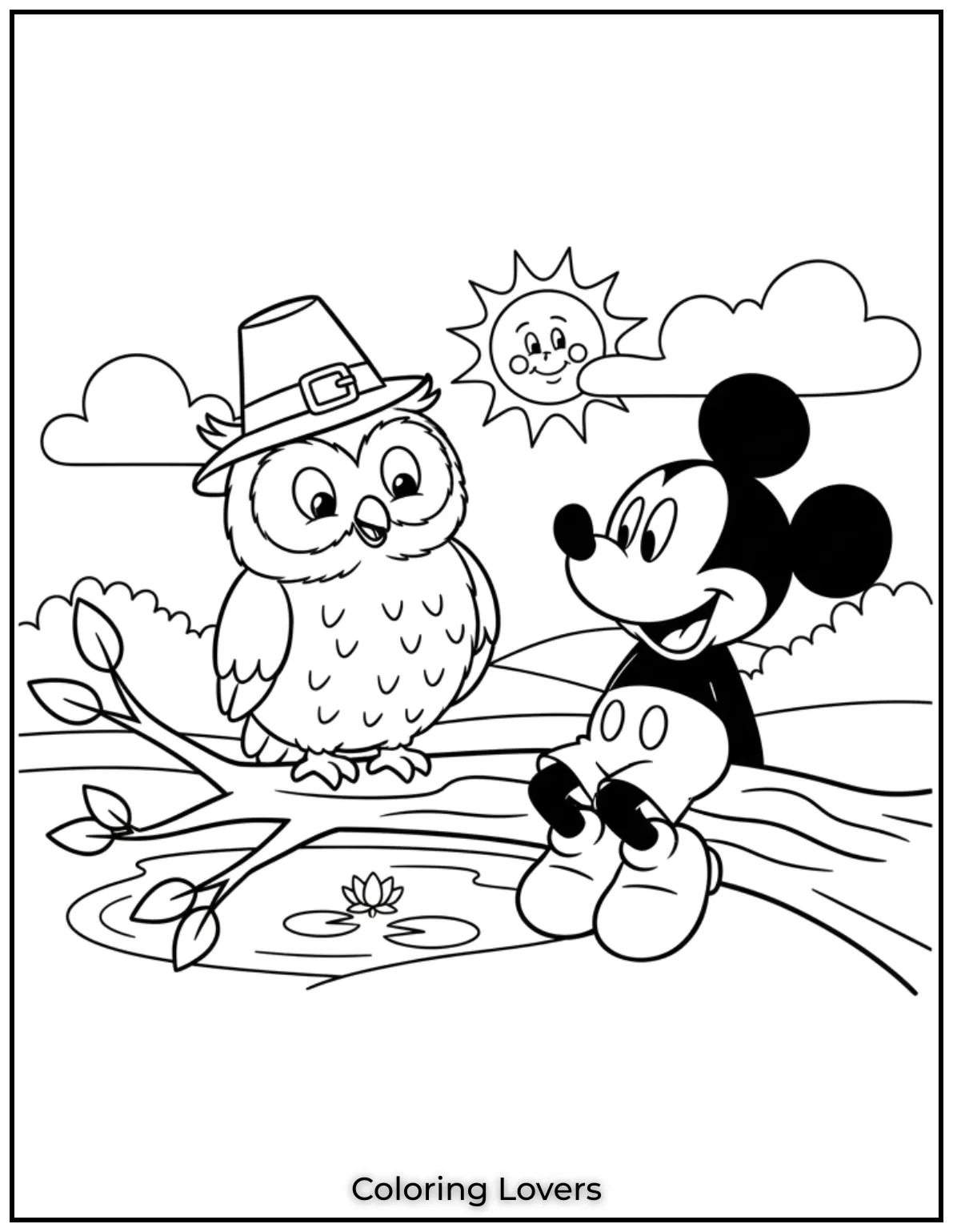 Superior Owl Coloring Pages for Kids who love Coloring! 37 This cheerful owl with Mickey Mouse on a tree branch will spark joy for kids. Its a delightful coloring page full of friendship