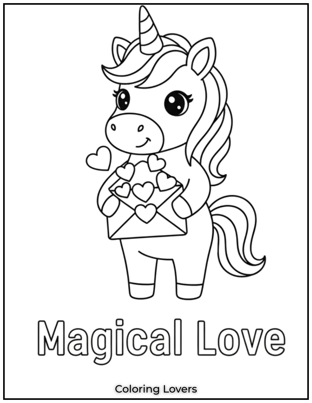 Cute Valentine’s Day Coloring Pages to Color and Enjoy 4 This cheerful unicorn holding an envelope filled with love brings a sweet message Magical Love