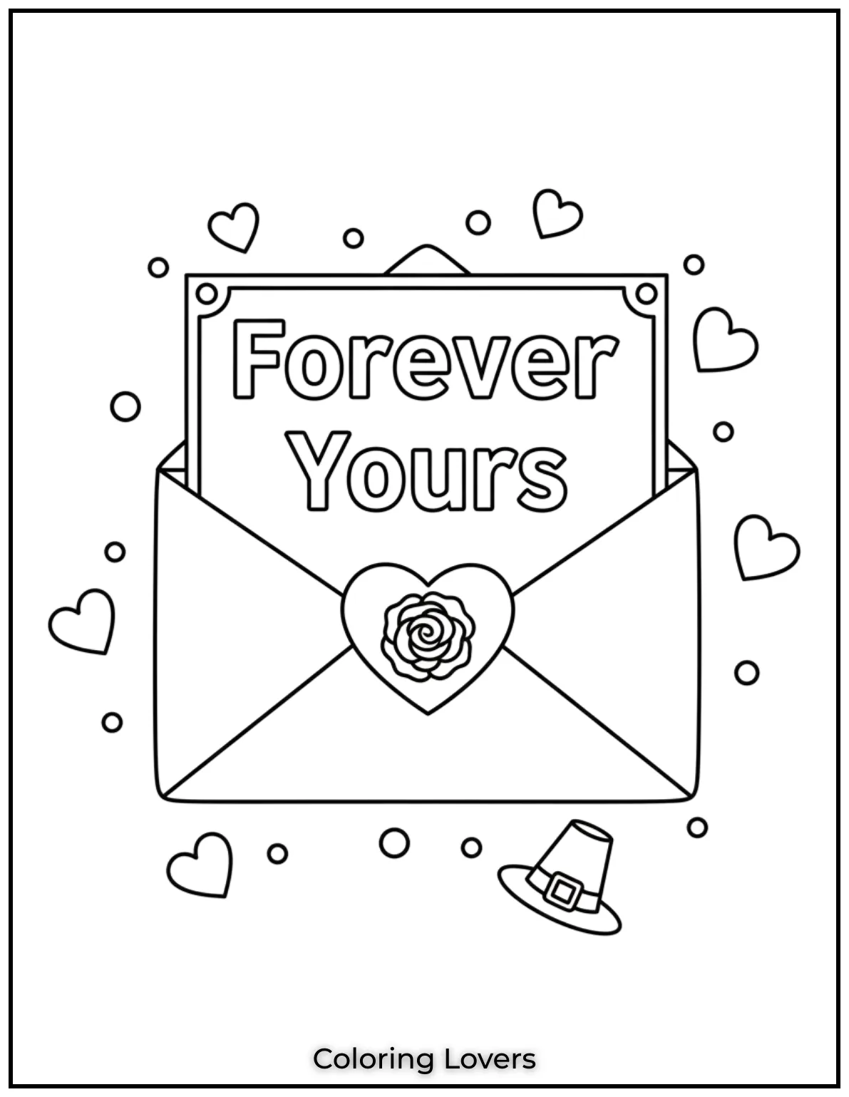 Cute Valentine’s Day Coloring Pages to Color and Enjoy 45 This coloring sheet showcases an elegant envelope sealed with a rose emblem containing a note that says Forever Yours. It beautifully conveys lasting love and devotion