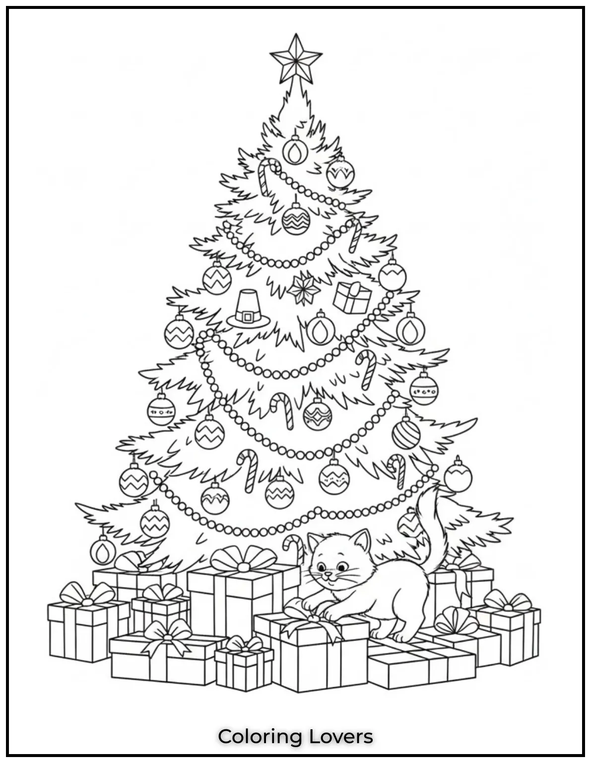 Free Printable Christmas Tree Coloring Pages 27 This curious kitty just cant resist playing under the Christmas tree. A delightful holiday scene for any cat lover to enjoy 1
