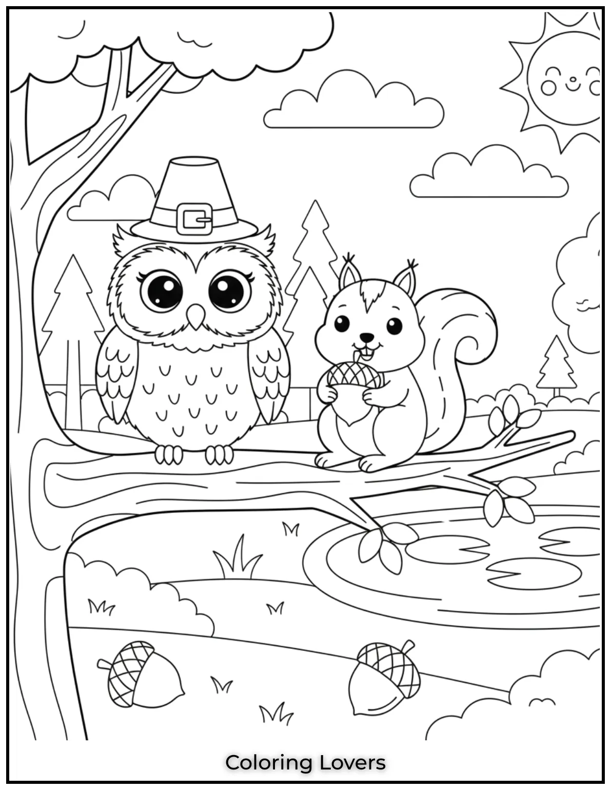 Superior Owl Coloring Pages for Kids who love Coloring! 11 This curious owl watching a squirrel munch on an acorn was so fun to draw Printable owl coloring pages like this are perfect for nature lovers
