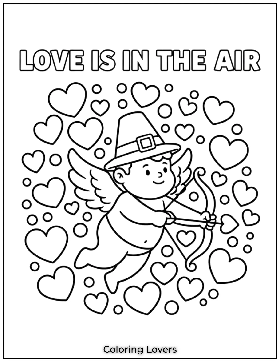 Cute Valentine’s Day Coloring Pages to Color and Enjoy 10 This cute cupid aiming its arrow fills the scene with hearts and the loving phrase Love is in the Air