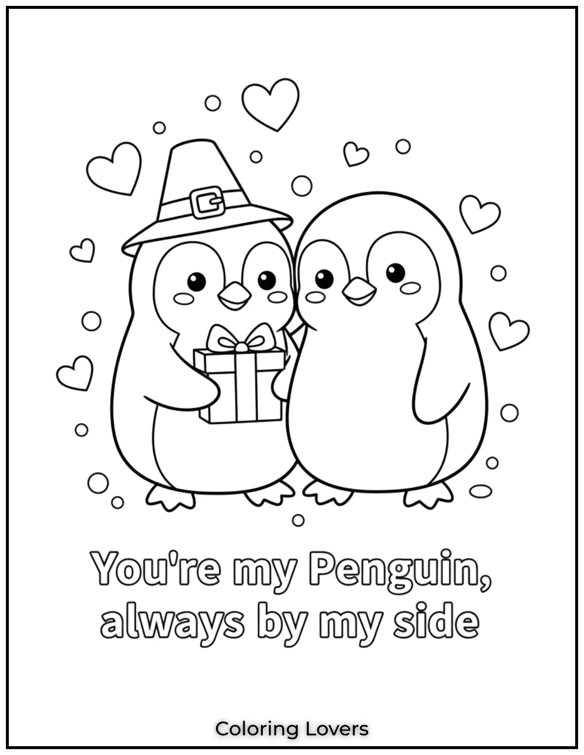 Cute Valentine’s Day Coloring Pages to Color and Enjoy 18 This cute penguin couple sharing a gift says Youre my Penguin always by my side and spreads cozy love