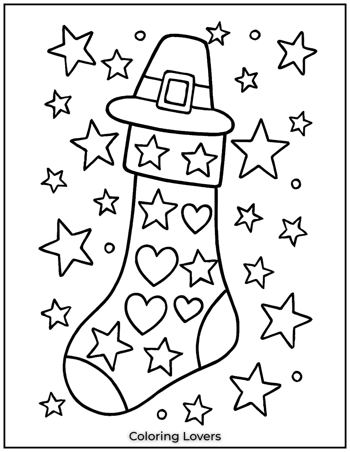 This design combines stars and hearts to celebrate holiday magic. Its one of my favorite Christmas stocking coloring pages