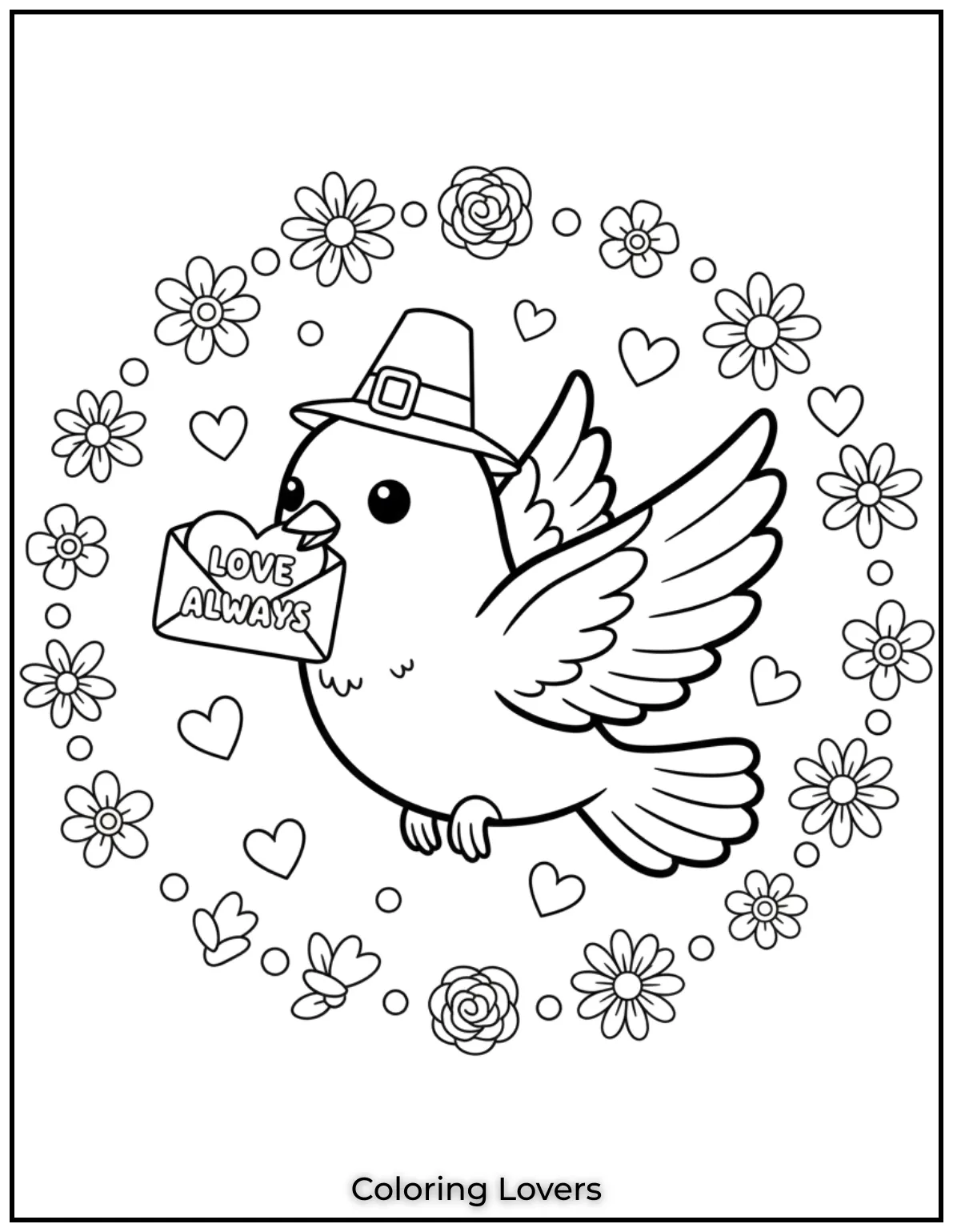 Cute Valentine’s Day Coloring Pages to Color and Enjoy 48 This dove flying with a love letter and surrounded by flowers spreads a heartfelt Valentines message. A beautiful way to share love through coloring