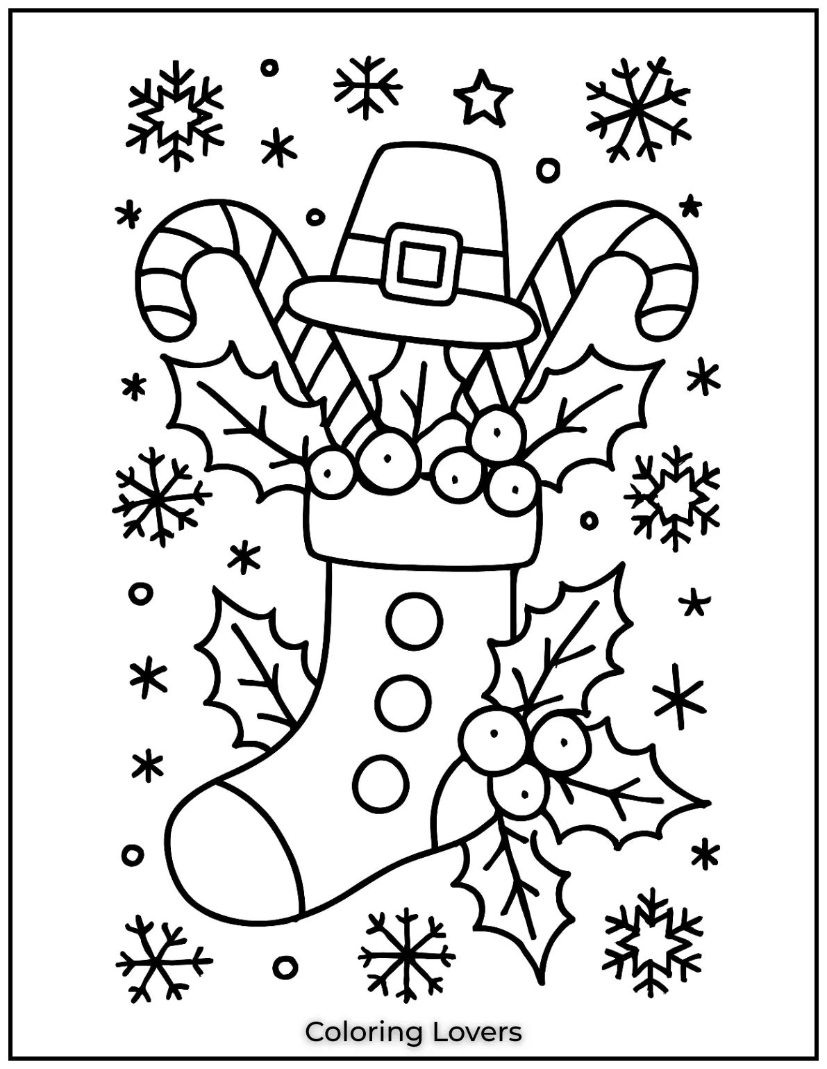 This festive design with holly candy canes and snowflakes is one of the cutest Christmas stocking coloring pages for holiday fun