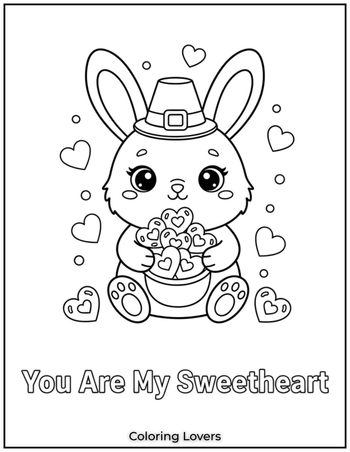 Cute Valentine’s Day Coloring Pages to Color and Enjoy 7 This fluffy bunny holding heart shaped candies shares the sweetest feelings You Are My Sweetheart