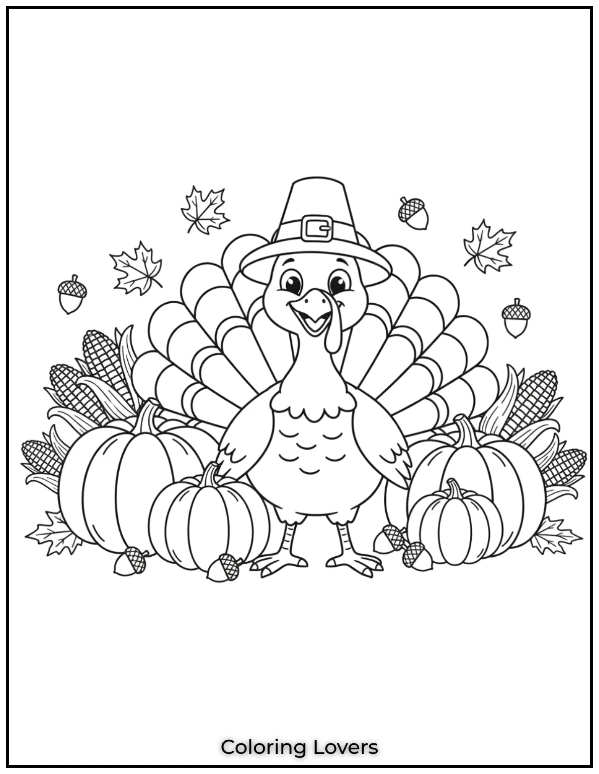 This friendly turkey is surrounded by corn and pumpkins ready to celebrate a bountiful Thanksgiving. Its a joyful scene for kids to bring to life with color
