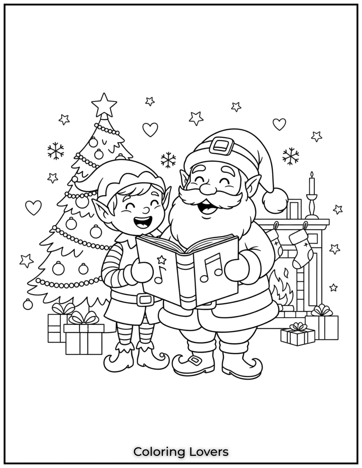 This happy scene of Santa and his elf singing carols was so much fun to create. I hope it inspires kids to color and sing along.