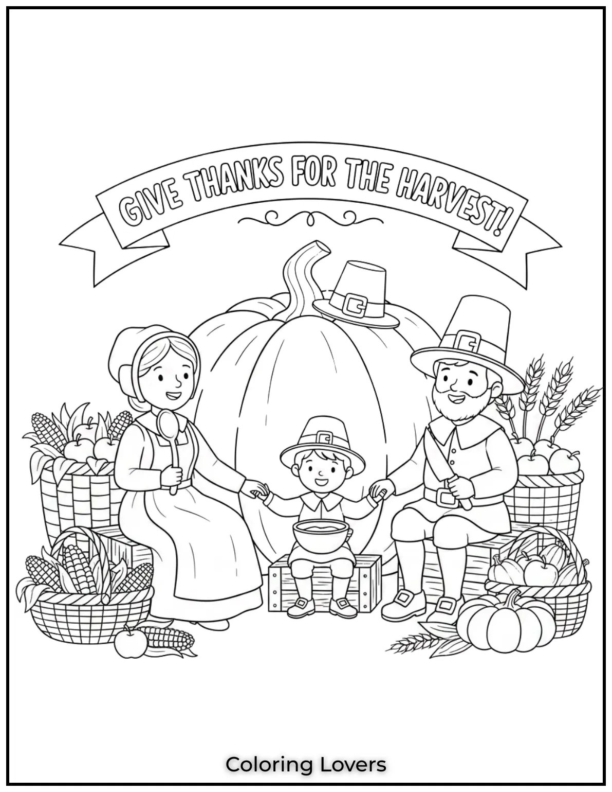 This is such a sweet scene of Pilgrims sharing a giant pumpkin reminding us to always give thanks for the harvest. A great page to color and reflect on gratitude