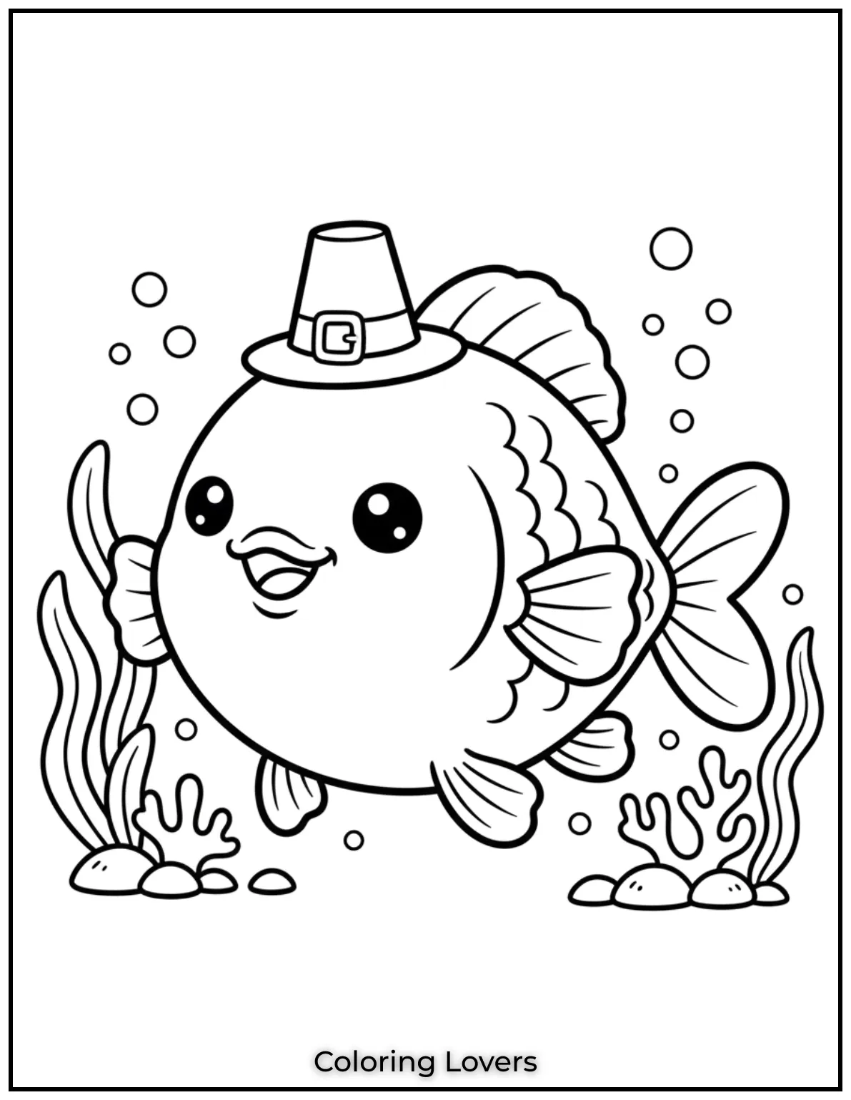 This kawaii fish smiles with simple shapes and big eyes. A favorite pick for cute fish coloring pages