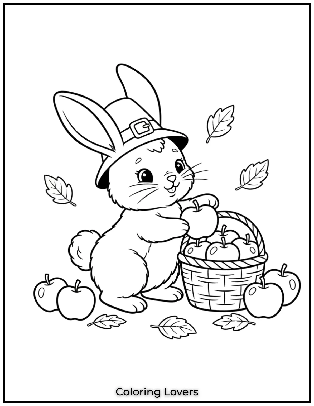 This little bunny reaching for an apple is so heartwarming Its a sweet reminder of natures gifts. A perfect Thanksgiving coloring page for kids to enjoy