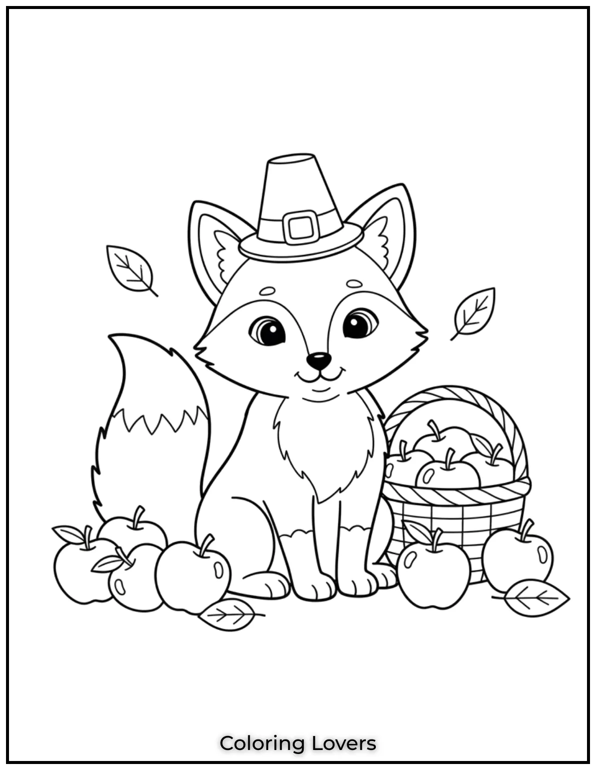 This little fox is all dressed up for Thanksgiving with a pilgrim hat and surrounded by apples. Its a fun page that kids will love to color