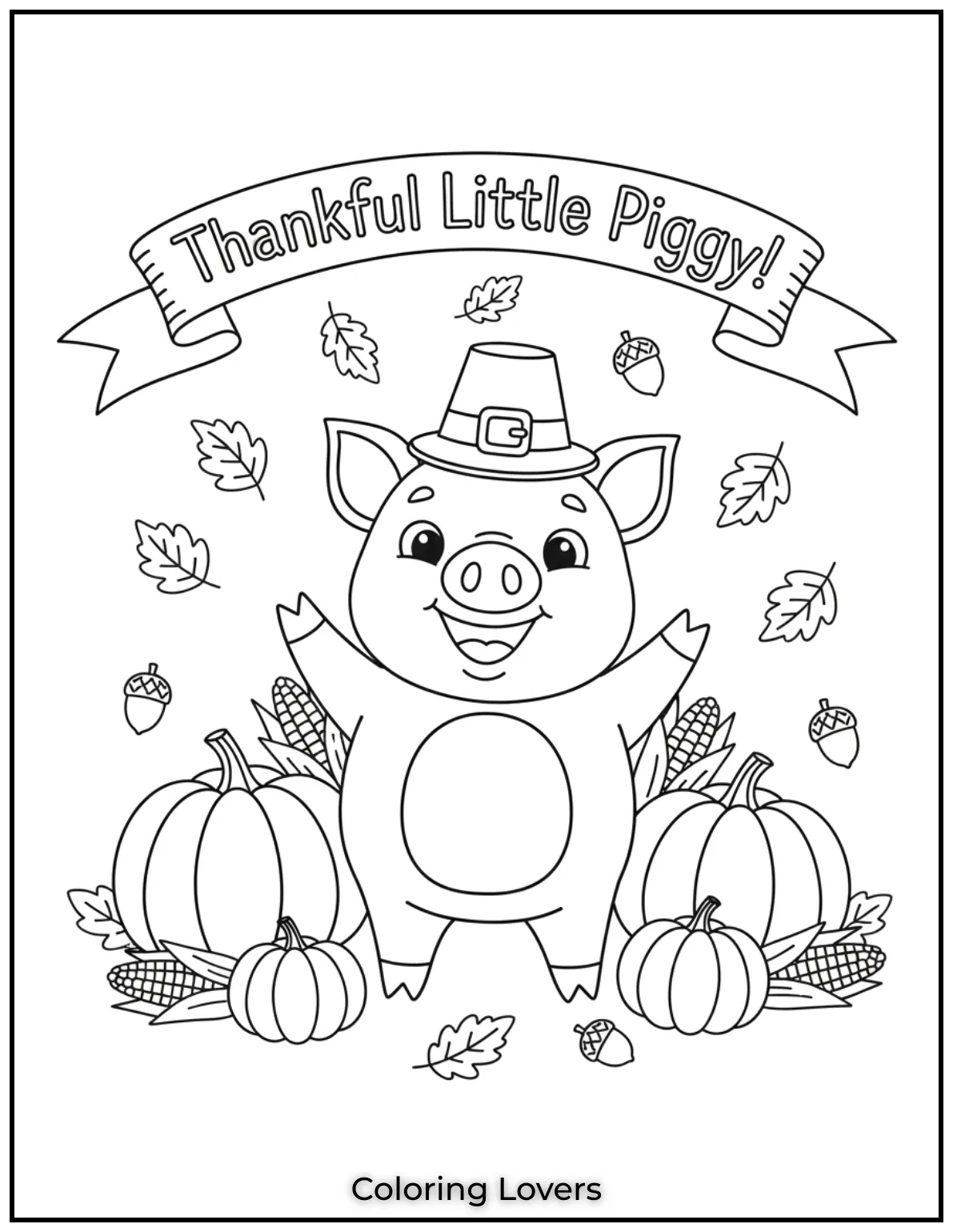 This little piggy with pumpkins and falling leaves is all about Thanksgiving spirit. I added the phrase Thankful Little Piggy at the top to bring extra joy to the page
