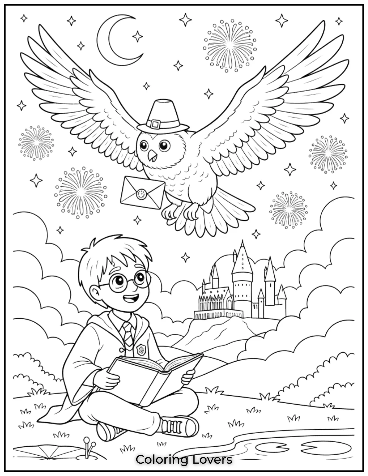 Superior Owl Coloring Pages for Kids who love Coloring! 36 This magical owl flying above Harry Potter captures the enchanting world of wizards