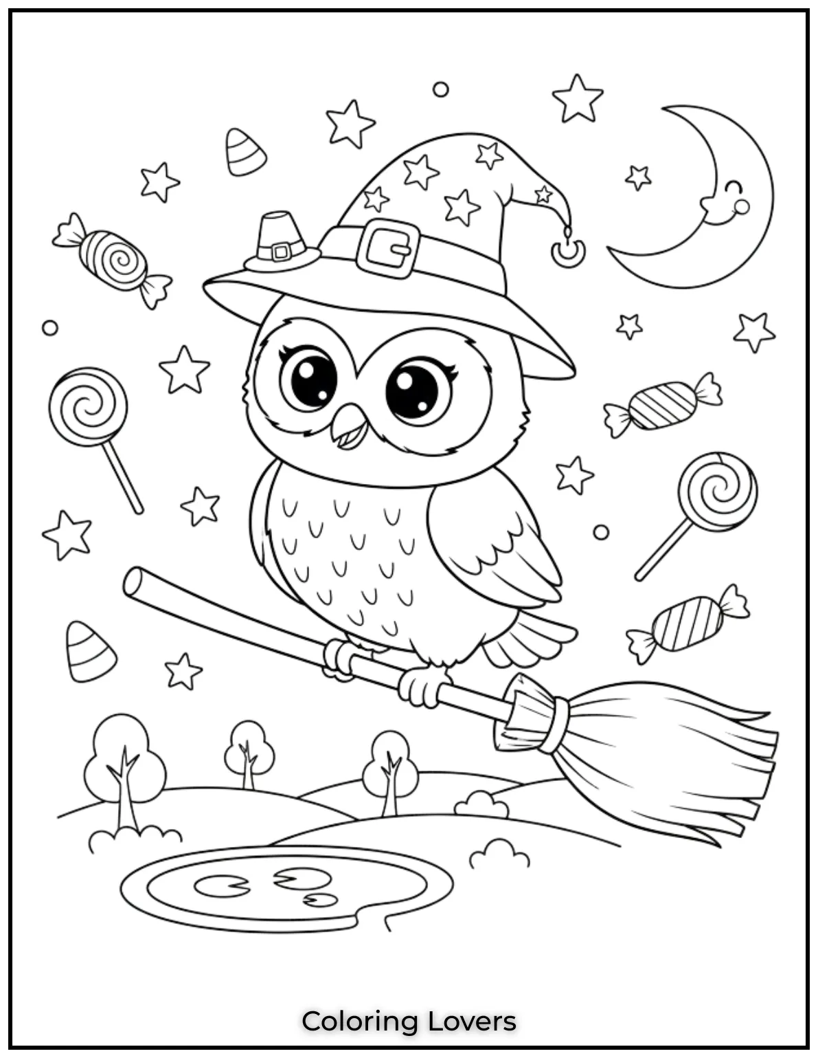 Superior Owl Coloring Pages for Kids who love Coloring! 14 This magical owl riding a broomstick surrounded by stars and candies feels like it flew out of a Halloween story. So fun to color