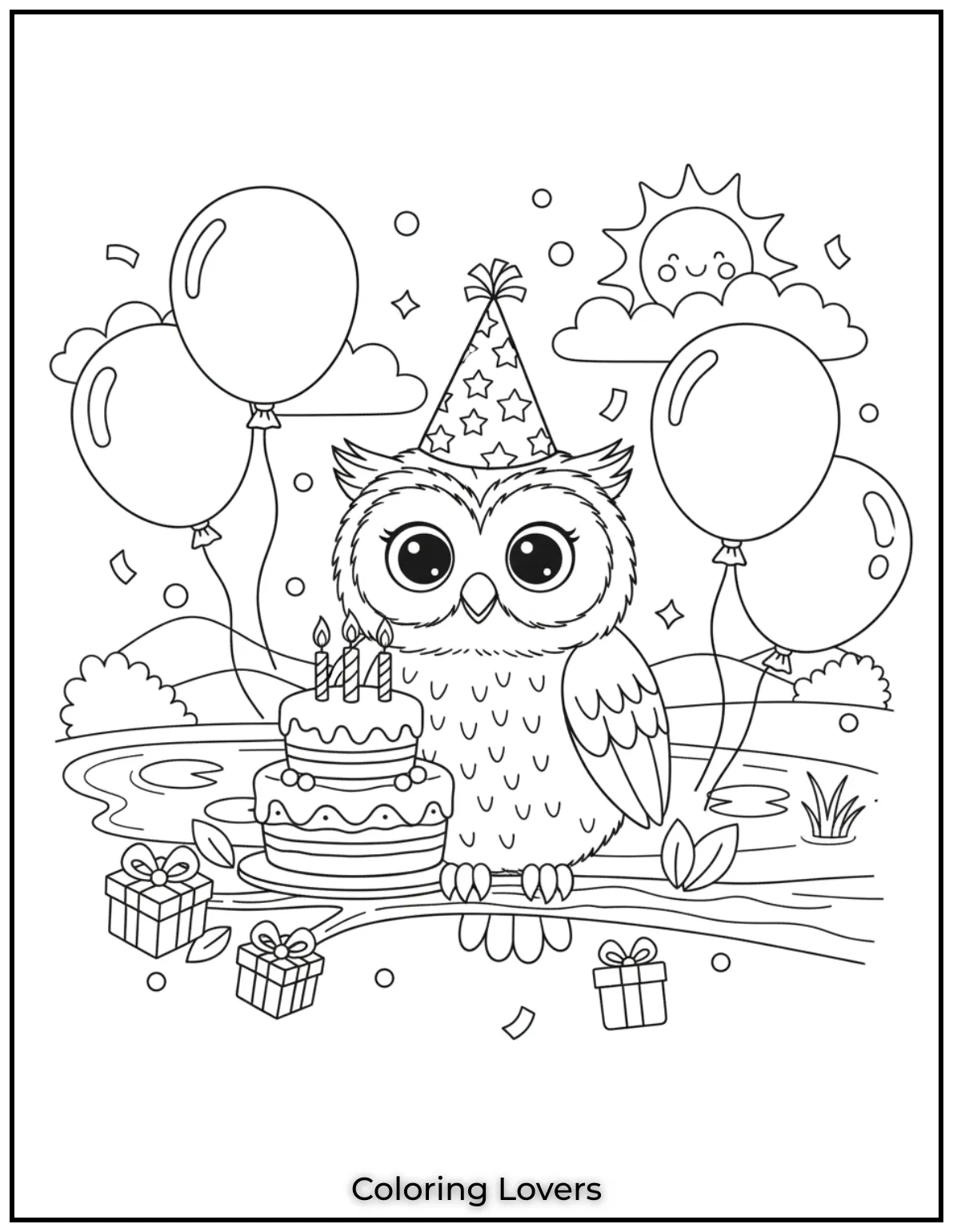 Superior Owl Coloring Pages for Kids who love Coloring! 21 This owl celebrating a birthday with balloons and cake is full of fun details. I hope it brings a party vibe to your coloring time