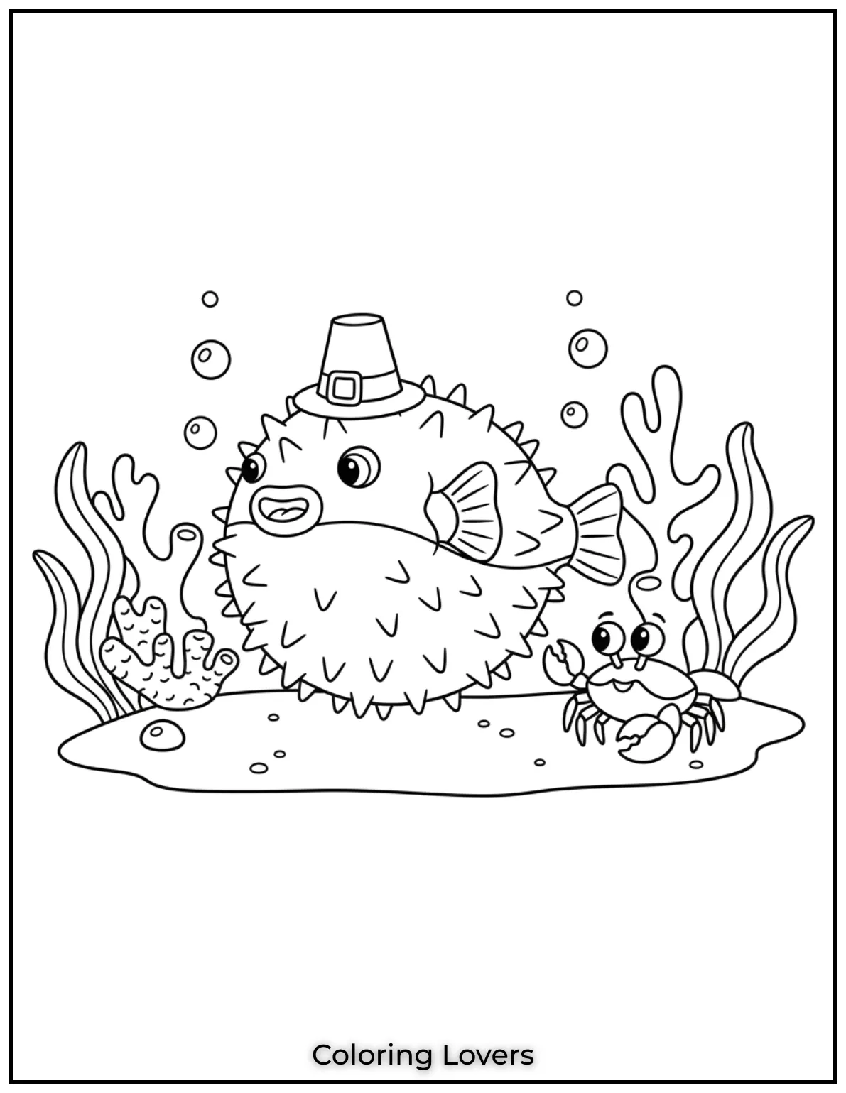 This puffed up fish floats beside a curious crab. Spiky and silly under the sea