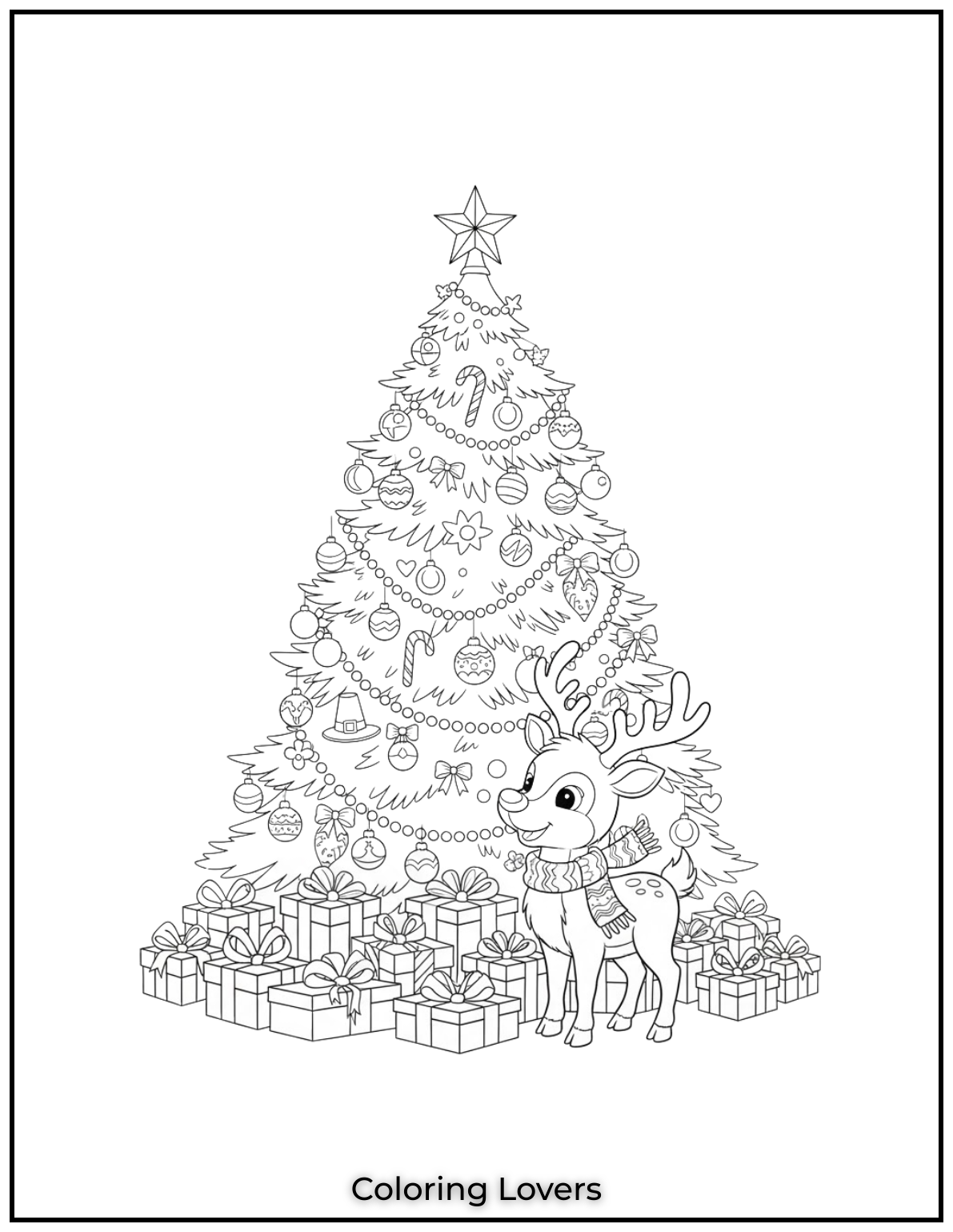 Free Printable Christmas Tree Coloring Pages 46 This reindeer couldn’t wait to admire the Christmas tree.