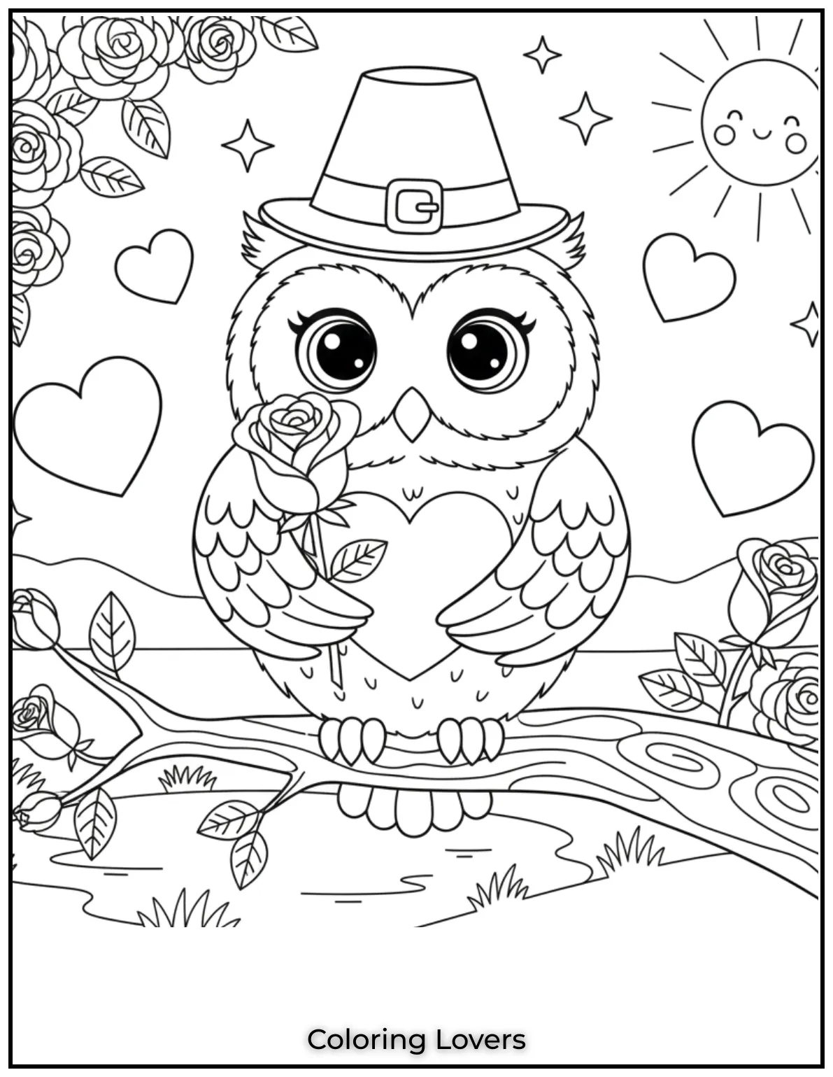 Superior Owl Coloring Pages for Kids who love Coloring! 23 This romantic owl with a heart and roses feels so full of love. Printable owl coloring pages like this are perfect for Valentines Day fun