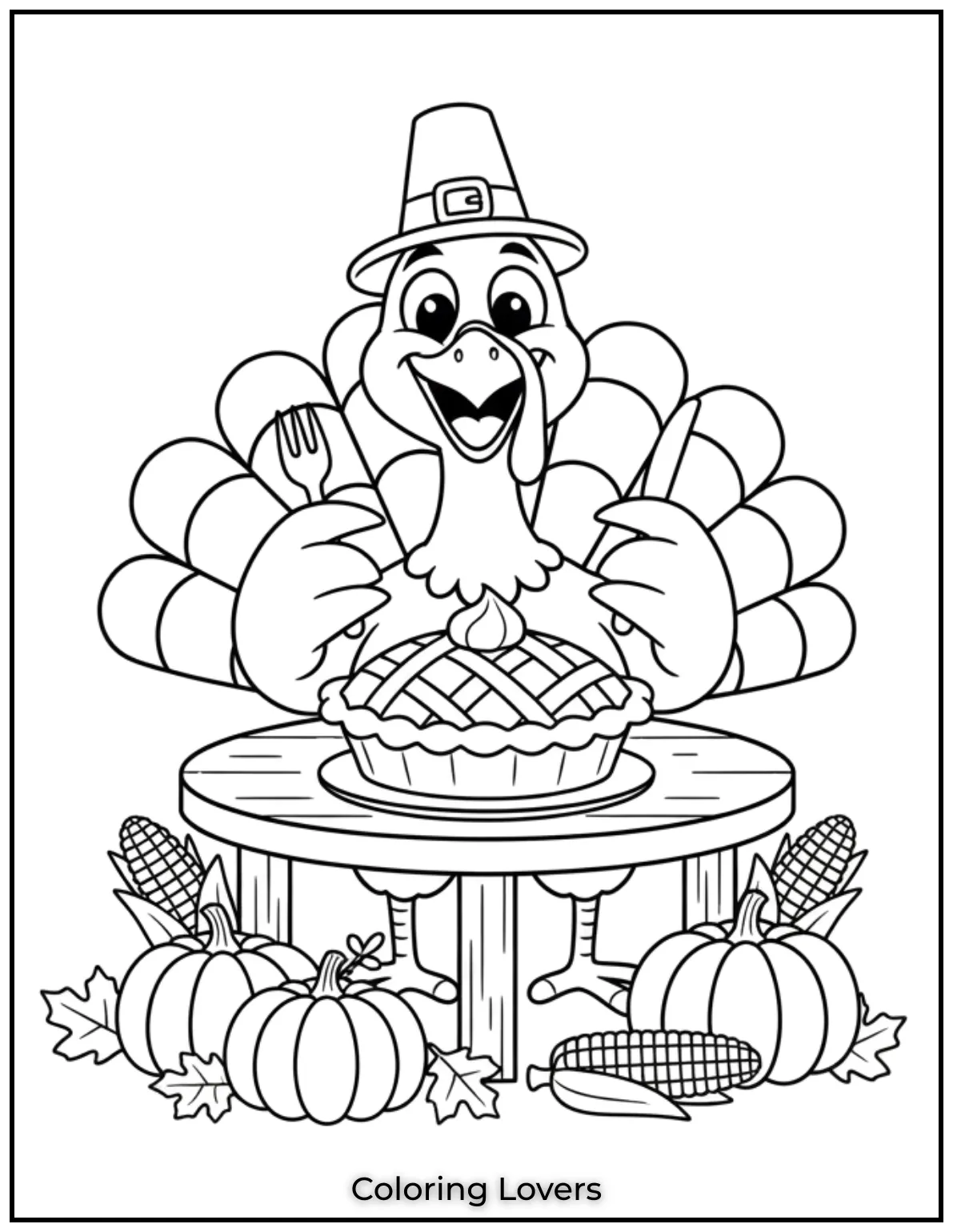 This silly turkey looks ready to enjoy a big slice of pie Its always fun to imagine what the turkey might be thinking before the Thanksgiving feast begins