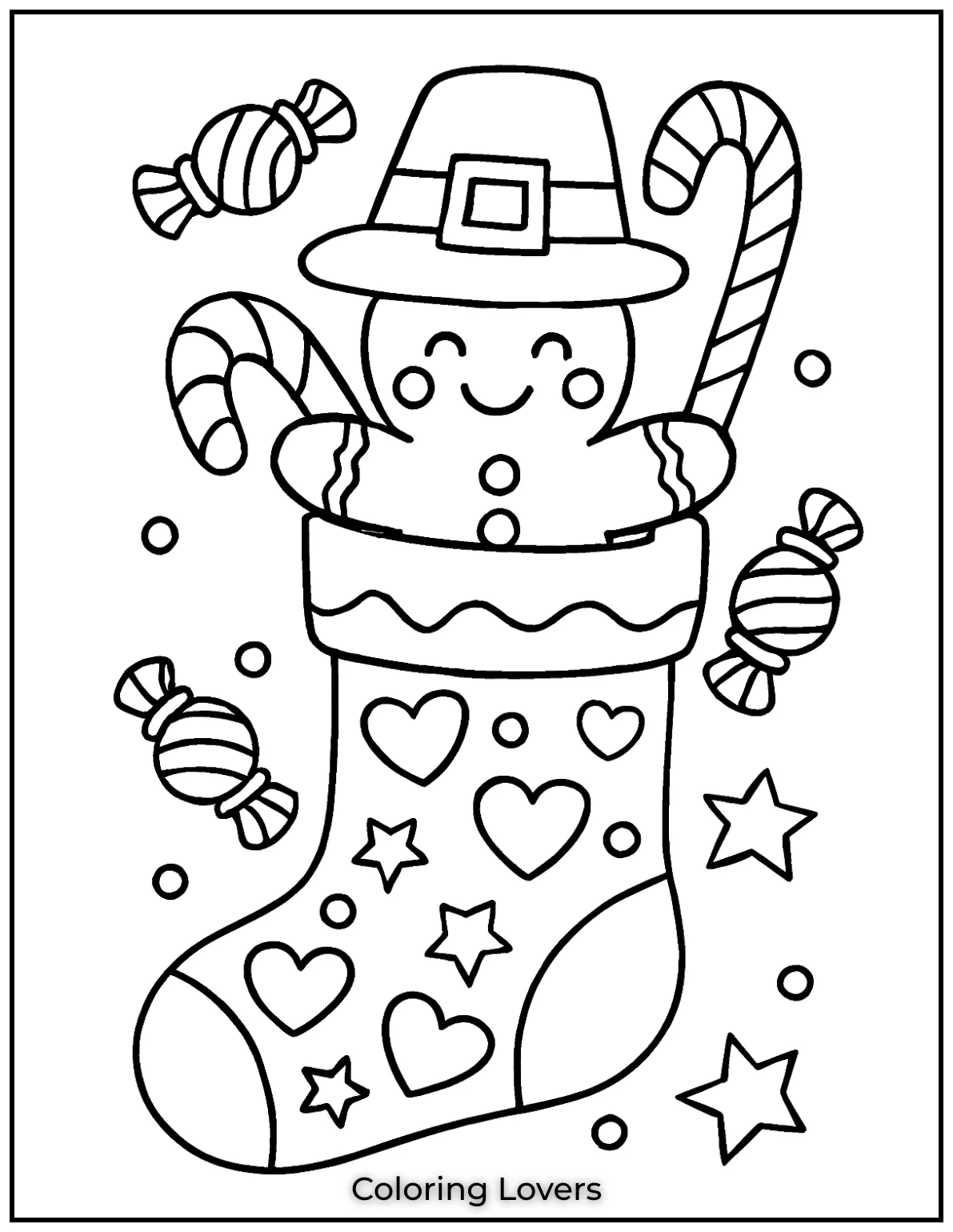 This stocking filled with gingerbread men and candy captures holiday sweetness. Its a delightful coloring page for kids