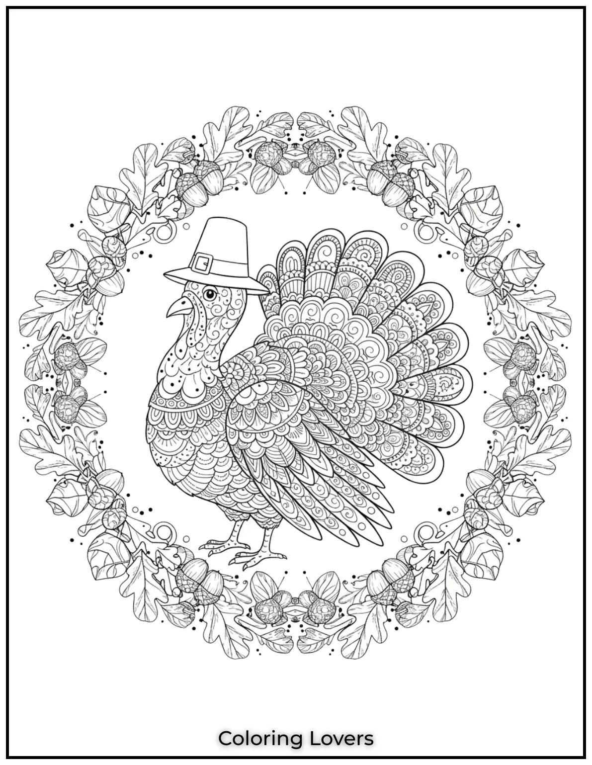 This stylized turkey surrounded by acorns and leaves offers a unique and artistic Thanksgiving themed coloring page for adults
