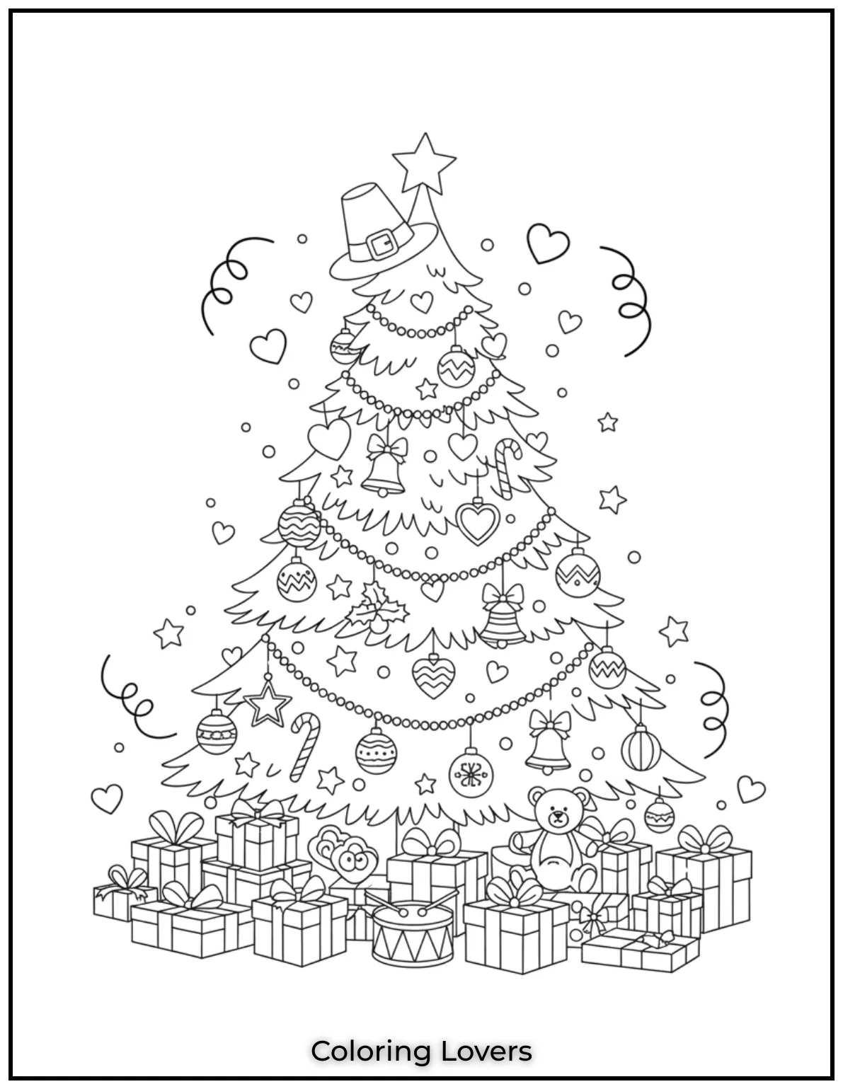 Free Printable Christmas Tree Coloring Pages 12 This tree looks so magical with all the ornaments and gifts beneath it. What colors will you choose for each present 1