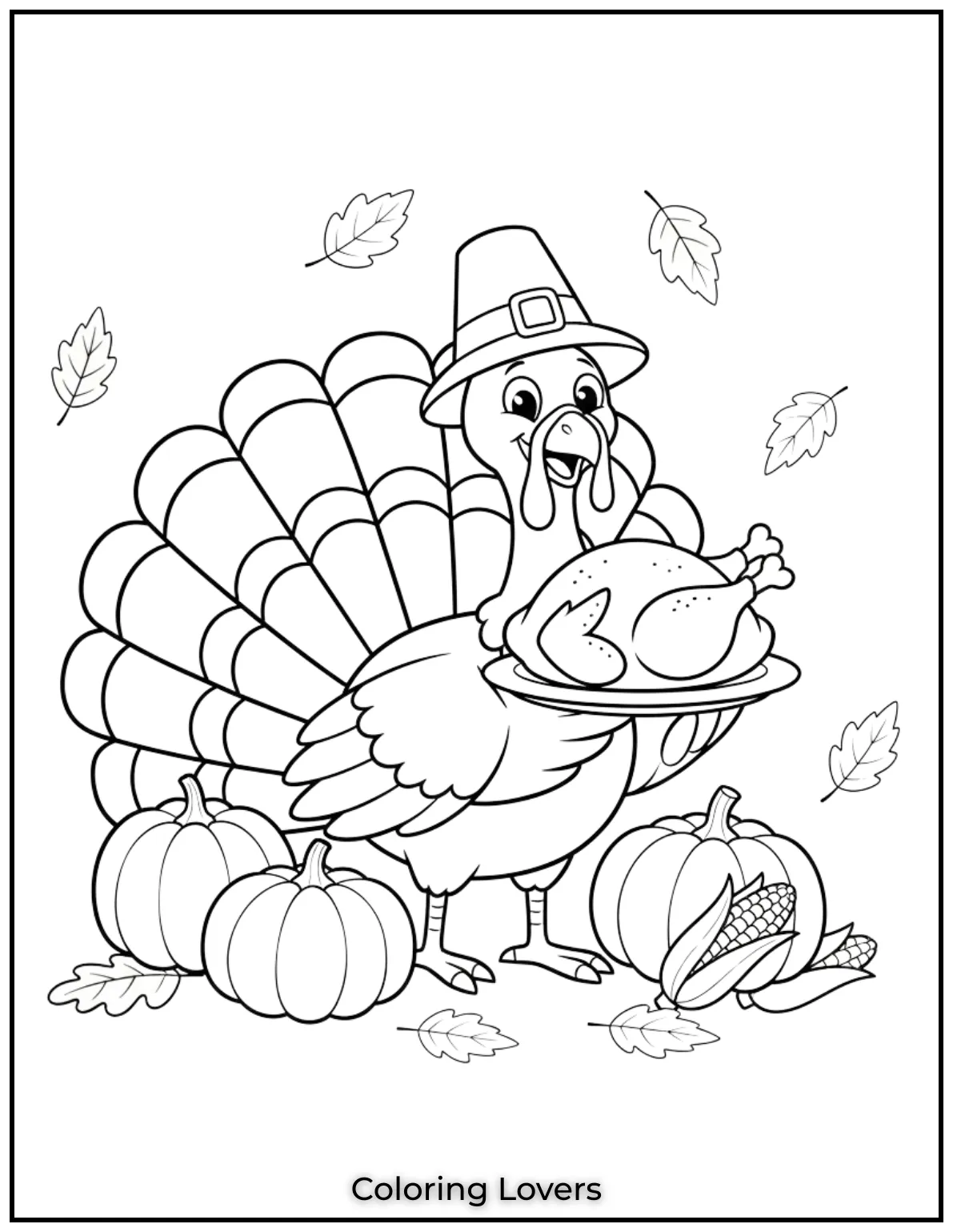 This turkey with a pilgrim hat is all ready for the Thanksgiving feast A cheerful Thanksgiving coloring page that brings fun to the holiday