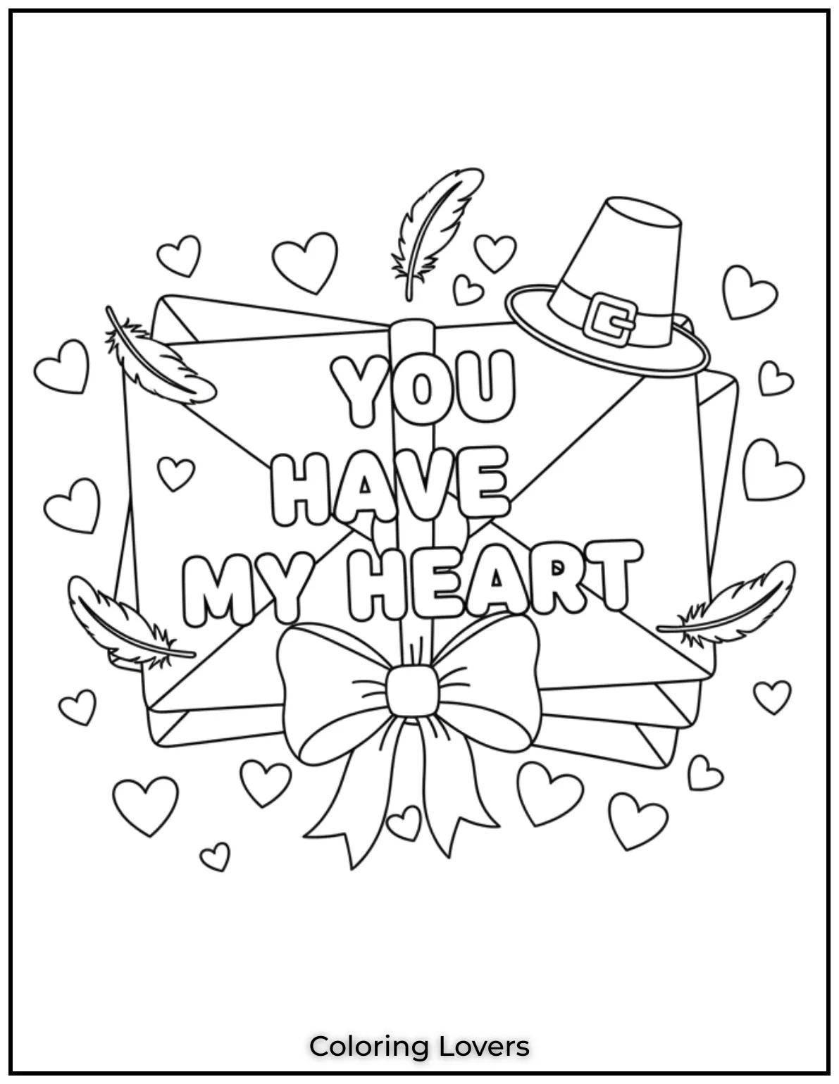 Cute Valentine’s Day Coloring Pages to Color and Enjoy 47 This vibrant coloring page displays a stack of love letters tied with a bow with a message saying You Have My Heart. Feathers and hearts float around to add a whimsical charm