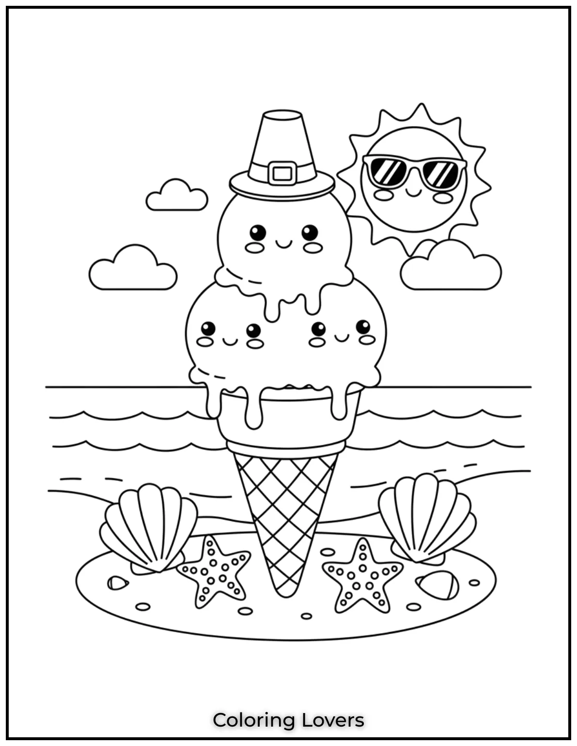 Three scoops of kawaii ice cream melt under the sun near seashells. A simple coloring page for little artists.