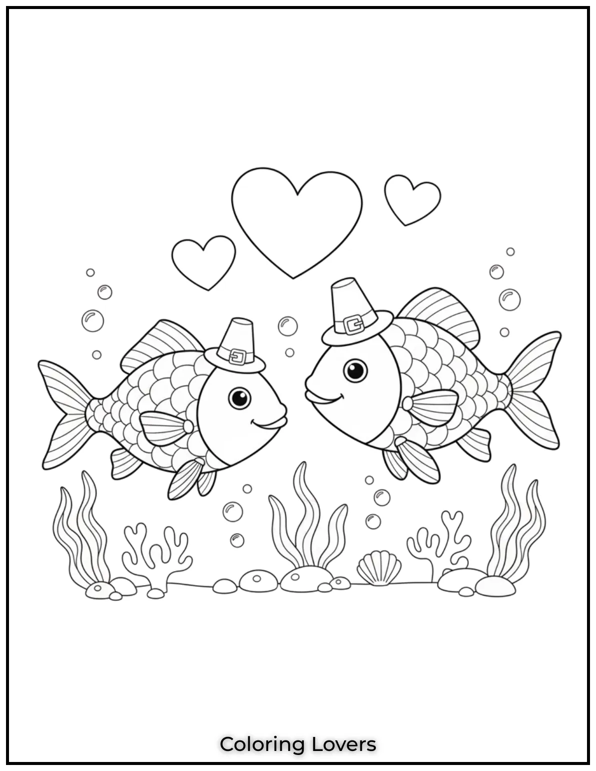 Two cute fish swim side by side with hearts above them. A sweet underwater moment full of love