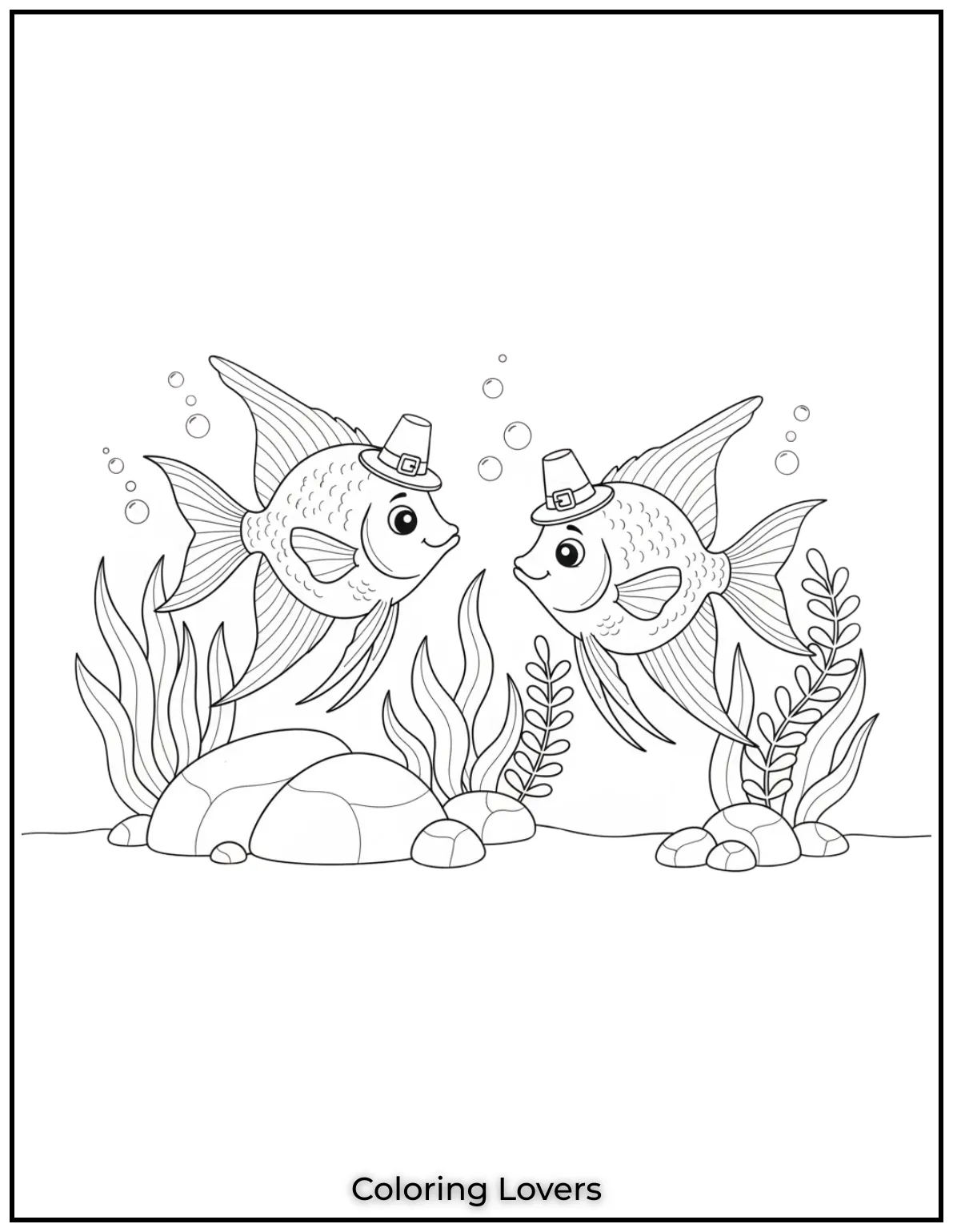 Two elegant angelfish glide through rocks and plants. A serene scene for printable fish coloring pages