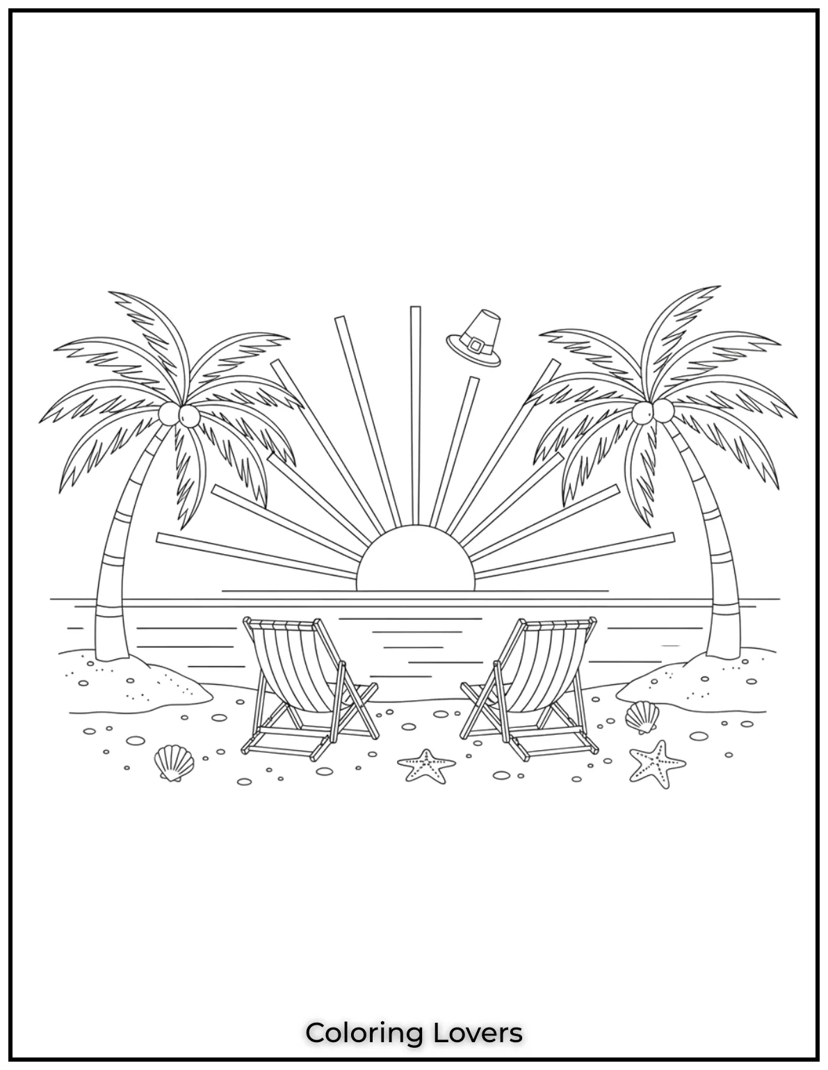 Two empty chairs face a glowing sunset surrounded by palm trees.