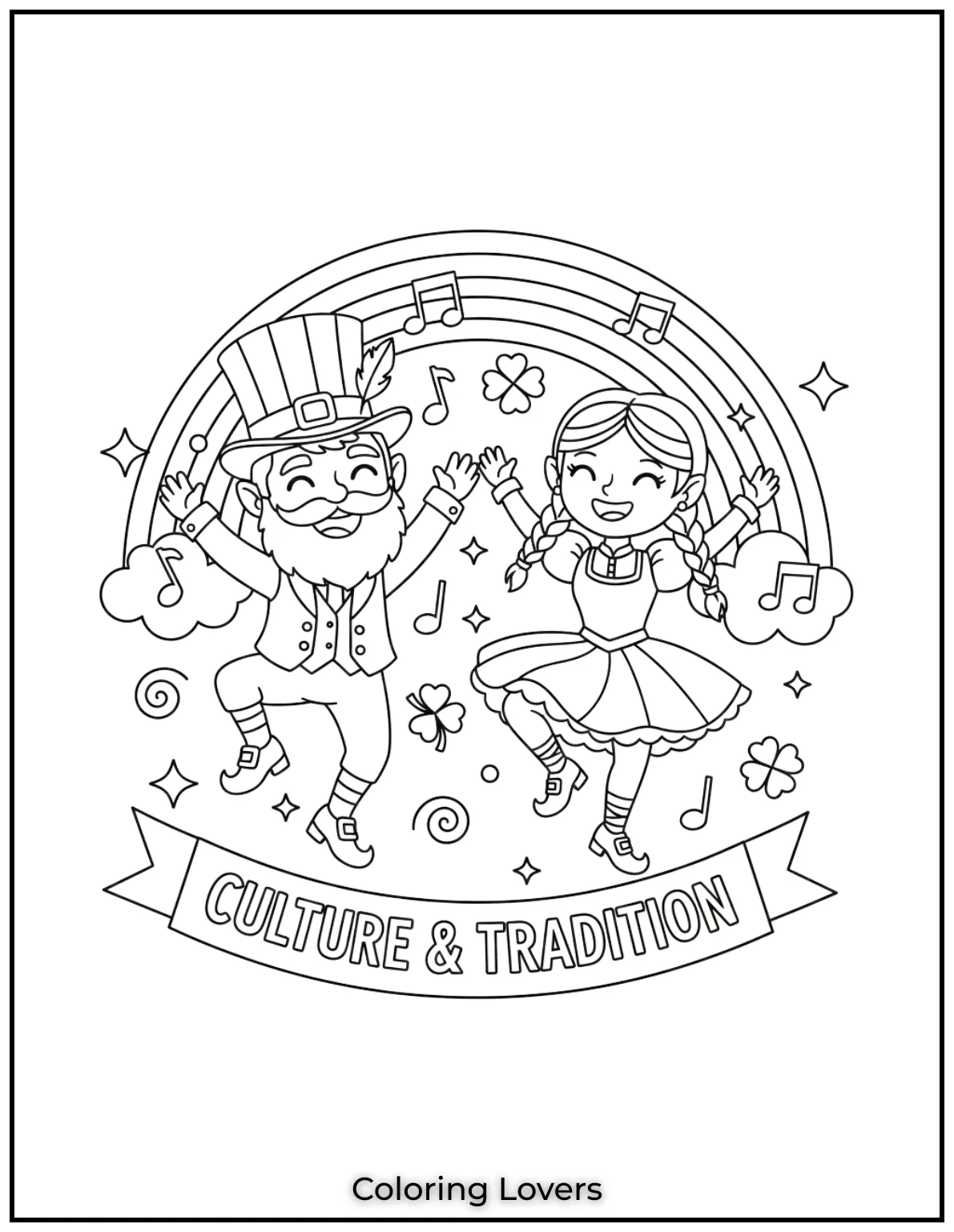 Download St Patrick's Day Coloring Pages 11 Two joyful dancers step to the rhythm of Irish music.