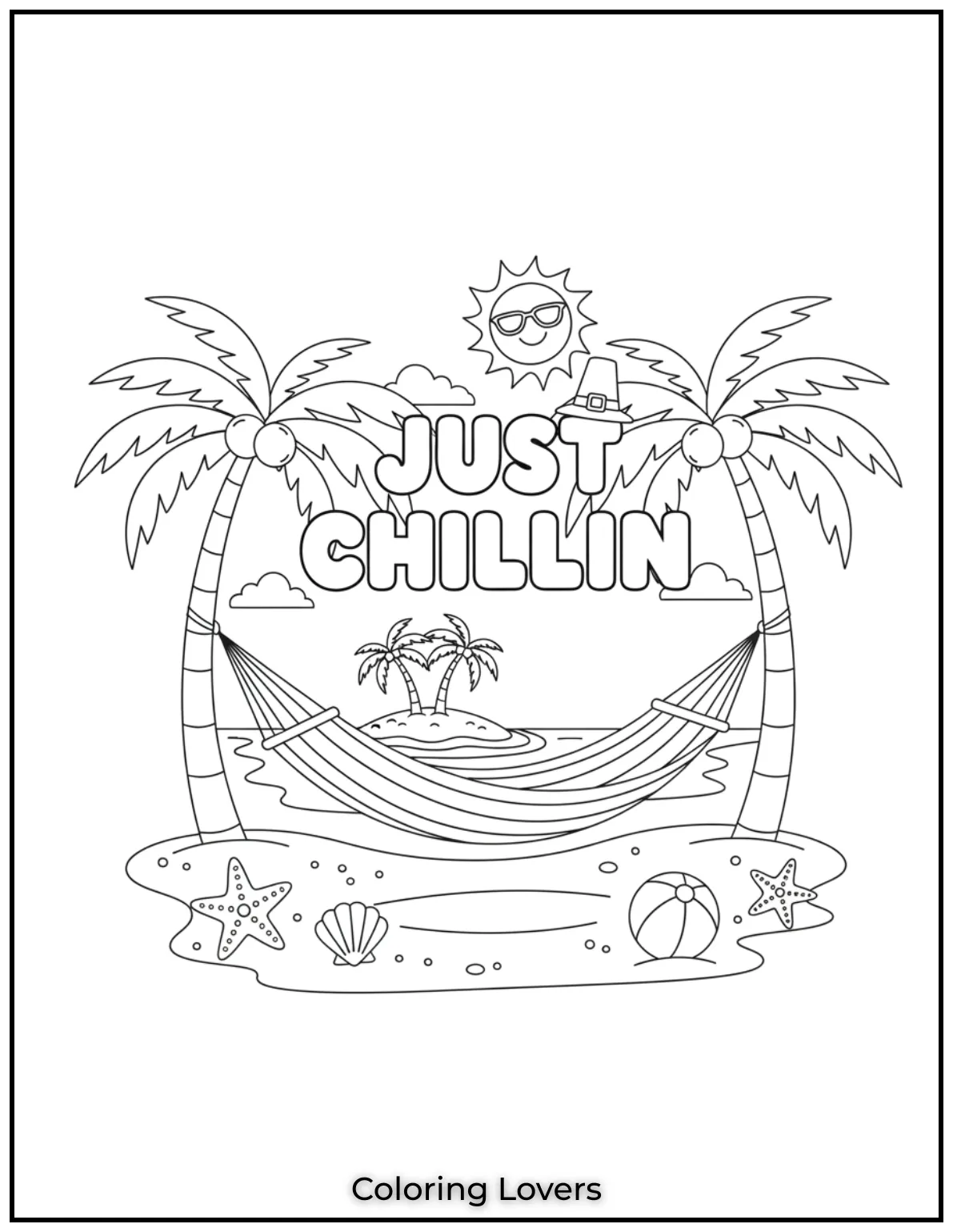 Two palm trees hold a hammock as “JUST CHILLIN” invites kids to relax on these beach coloring sheets.