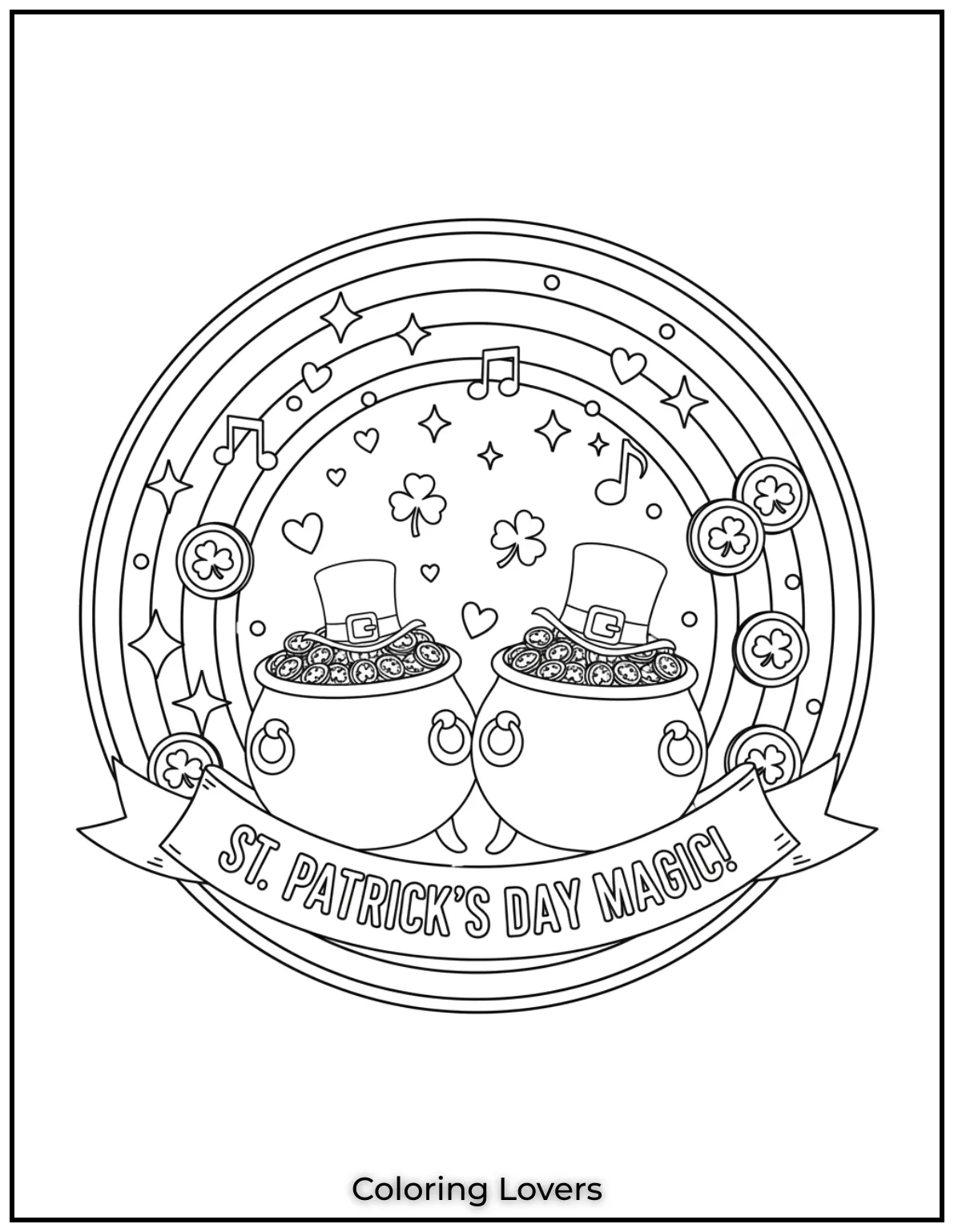 Download St Patrick's Day Coloring Pages 45 Two pots of gold sit under a bright rainbow, surrounded by lucky shamrock coins