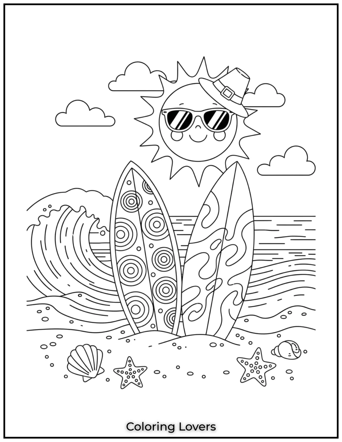 Two surfboards stand ready on soft sand with waves and sun above. Kids will love this easy beach scene.