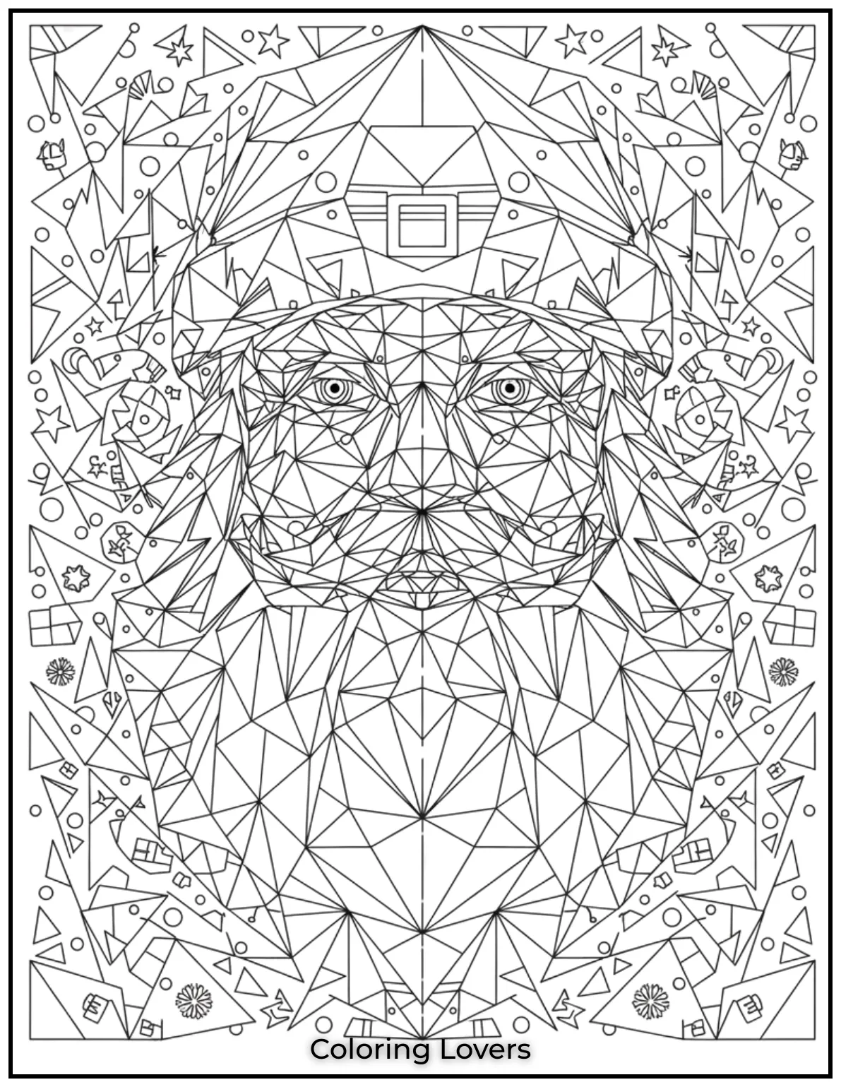 With sharp geometric details, this Santa coloring page provides an engaging challenge for adults who enjoy abstract designs.