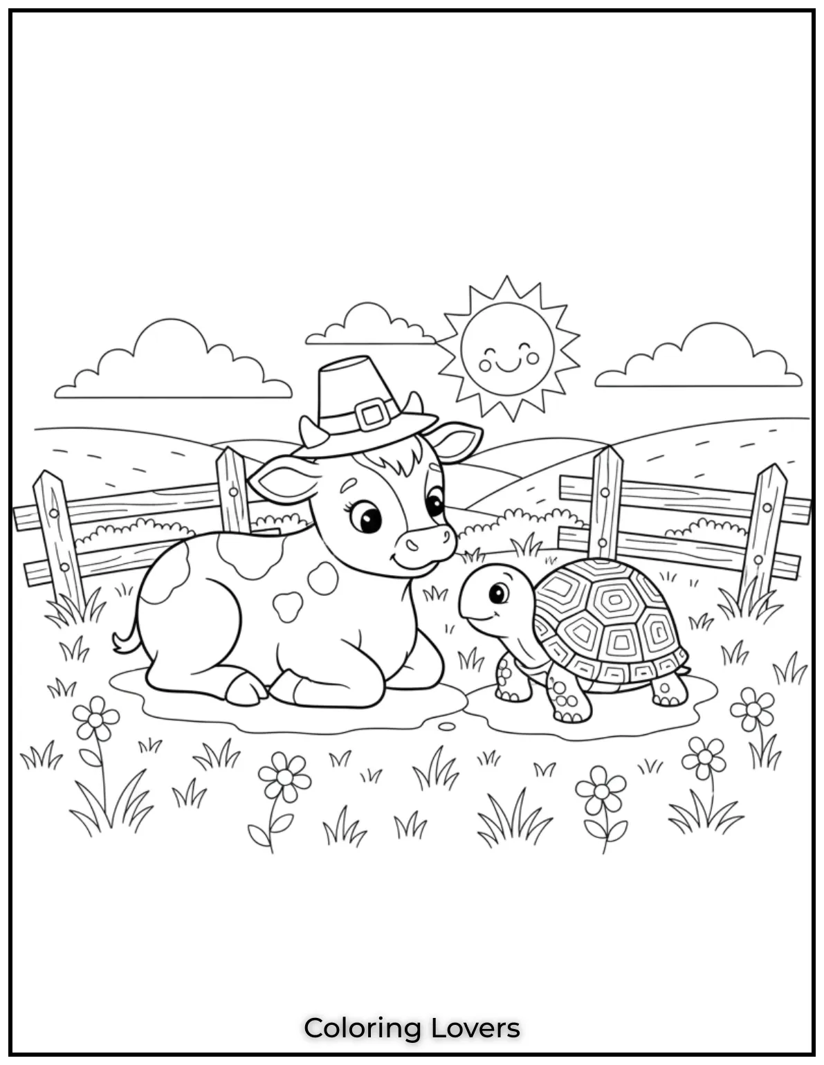 A baby cow and a turtle share a peaceful moment in the field. I love drawing these quiet sweet encounters for kids to color