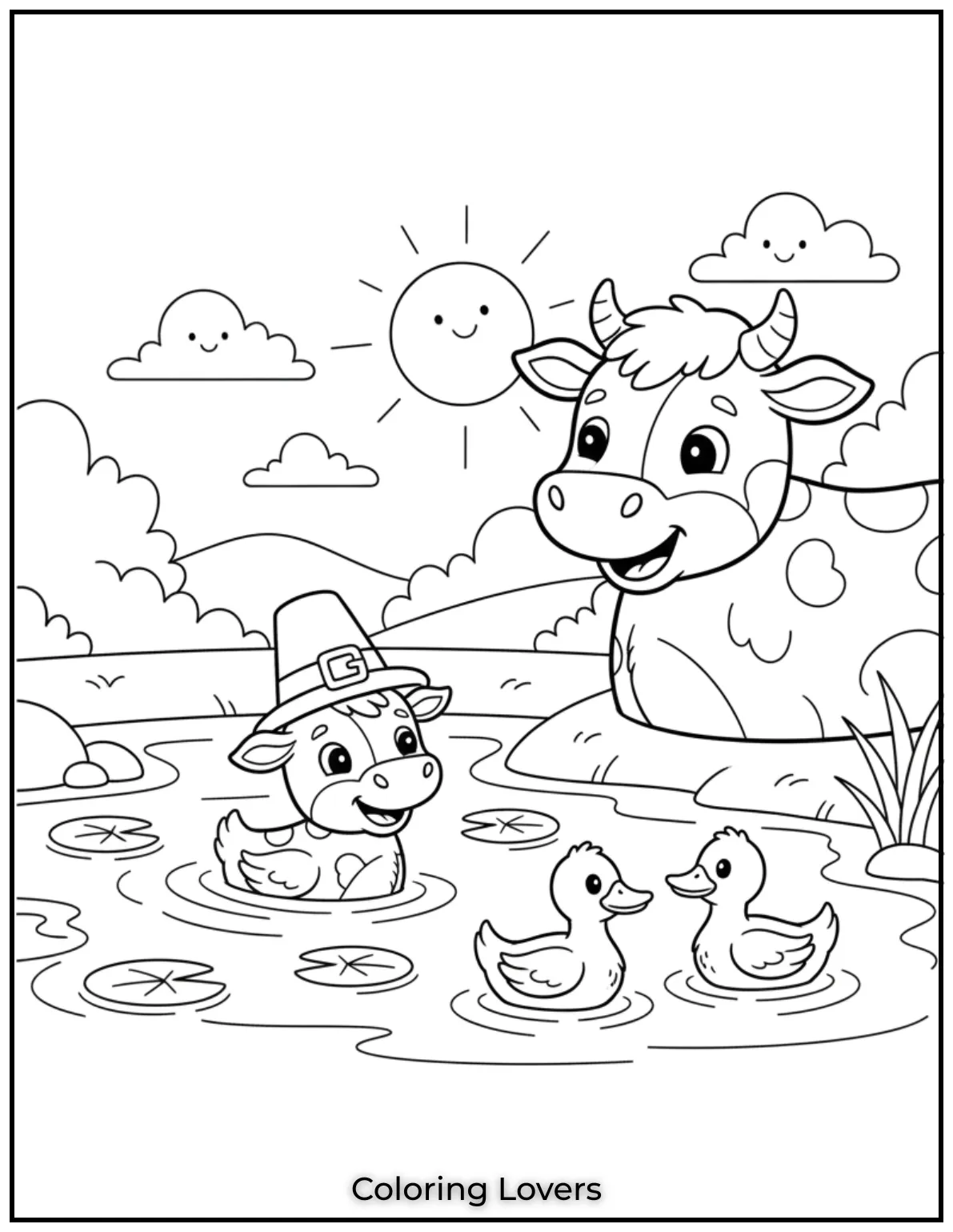 A baby cow is happily swimming with two ducks while its mother watches lovingly