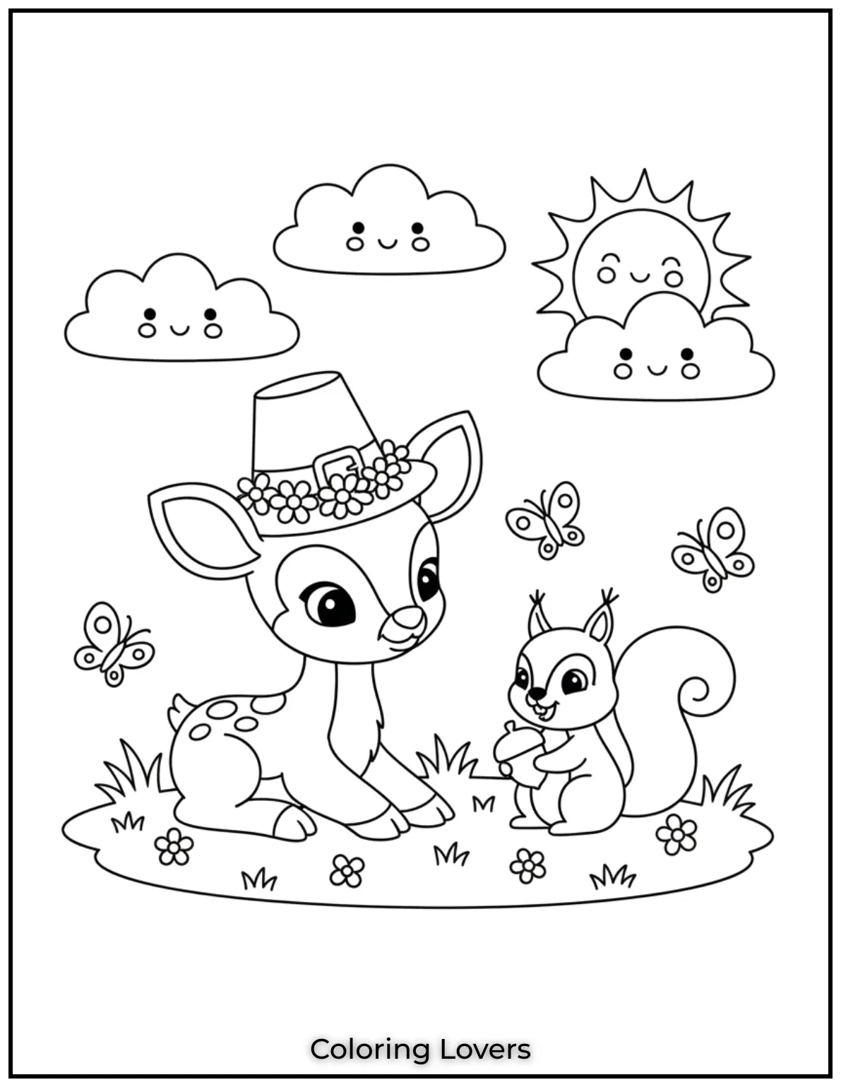 A baby deer and a squirrel sit under smiling clouds. A sweet little moment for kids to color