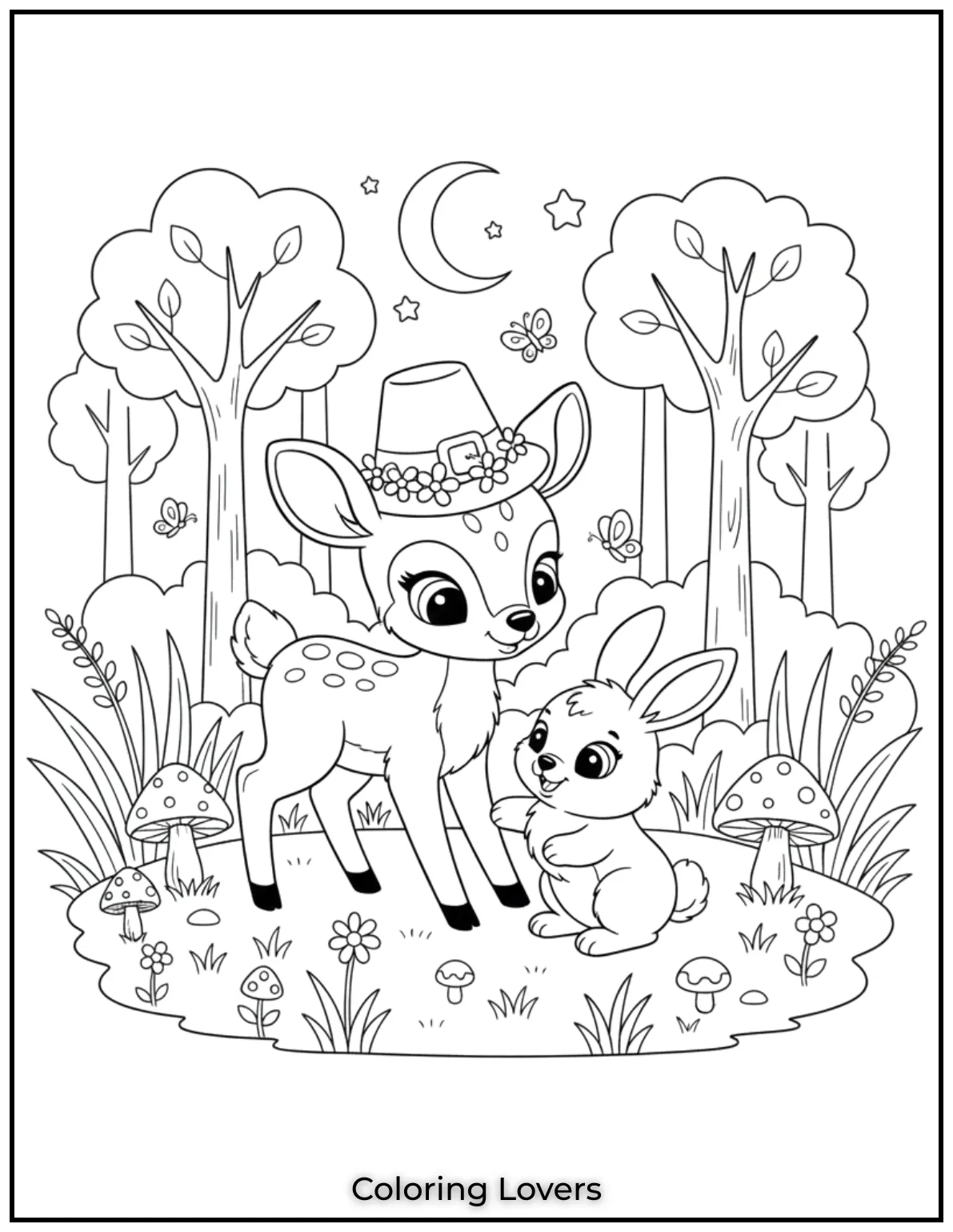 A baby deer and bunny play near mushrooms and trees. This friendly forest scene is full of charm