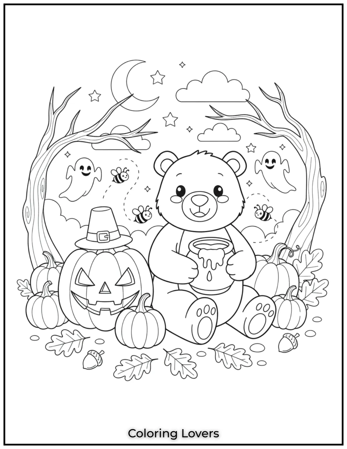 A bear holds its honey jar while surrounded by pumpkins and buzzing bees. This pumpkin coloring page brings a playful vibe to the fall season