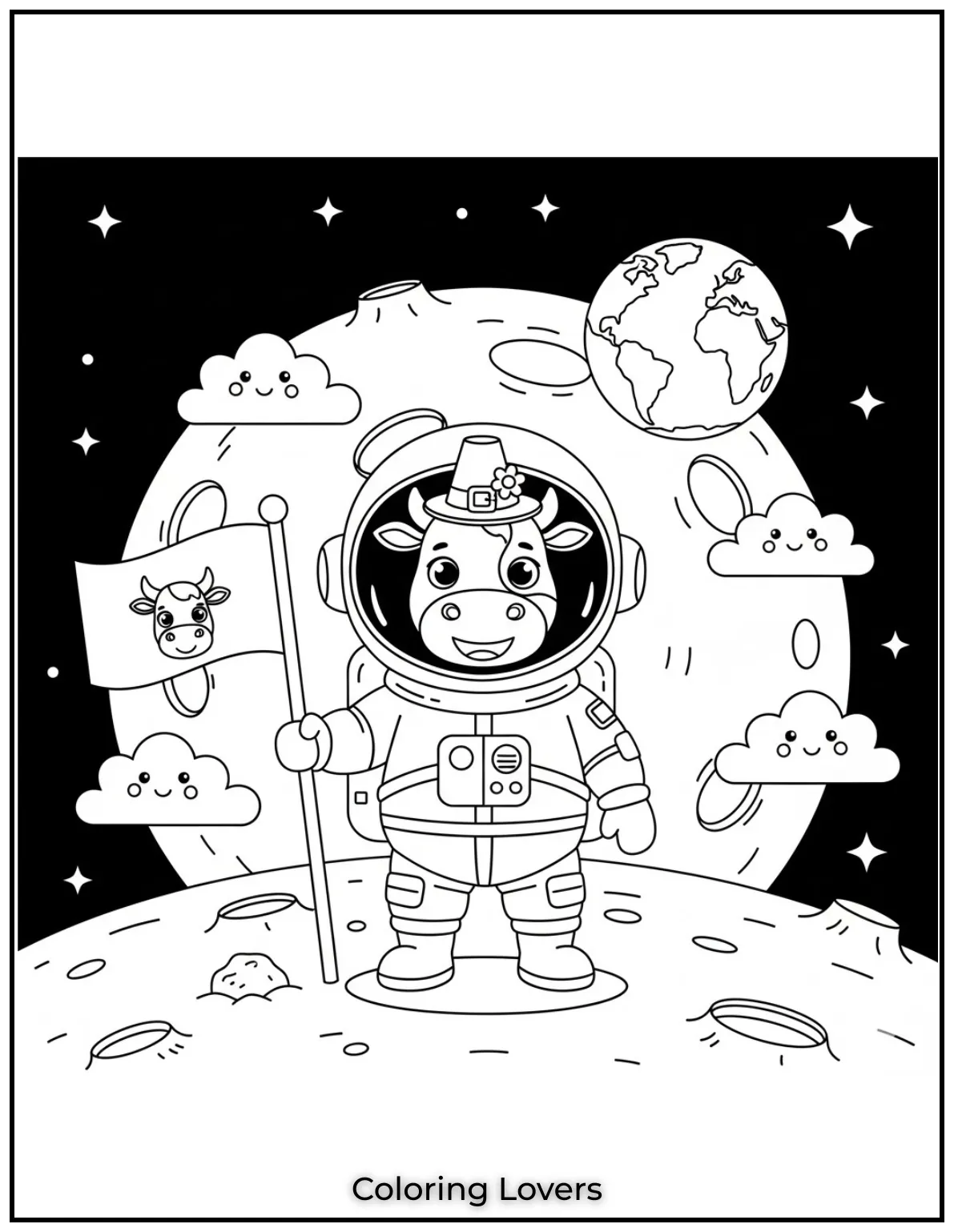 A brave astronaut cow plants its flag on the moon marking its lunar adventure. This cow coloring page is an exciting journey for kids to color and
