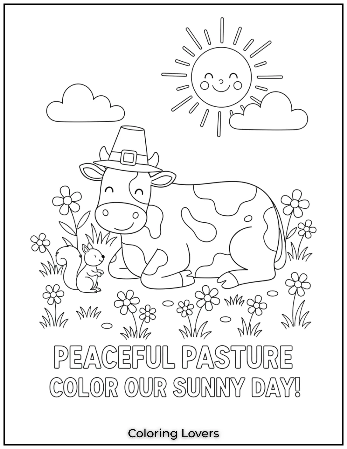 A calm cow rests in a sunny field surrounded by flowers while a curious squirrel sits nearby. This peaceful cow coloring page will let kids explore their imagination