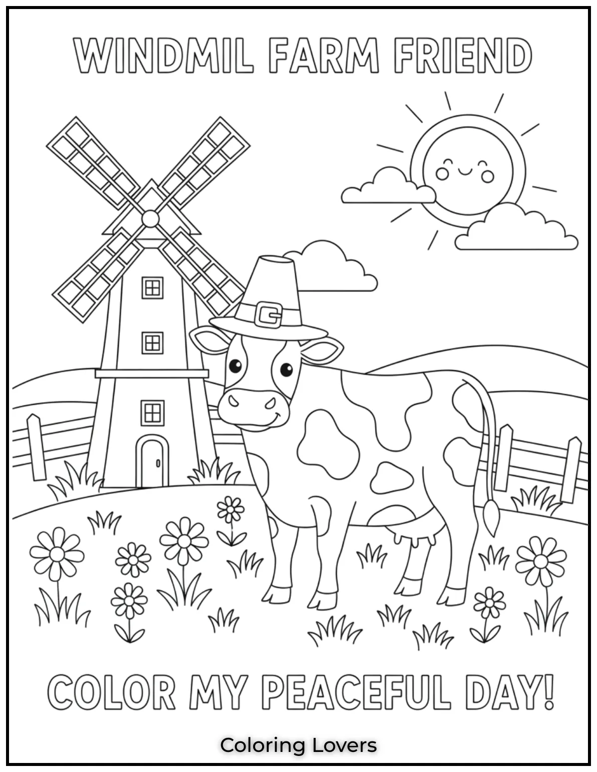 A calm cow stands next to a windmill surrounded by beautiful flowers. Its a serene farm scene that kids will enjoy filling with bright colors