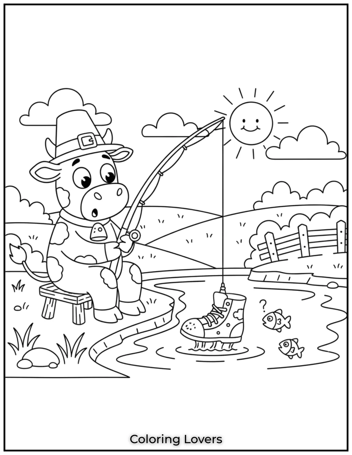 A cow is fishing by the lake and accidentally catches a boot instead of a fish